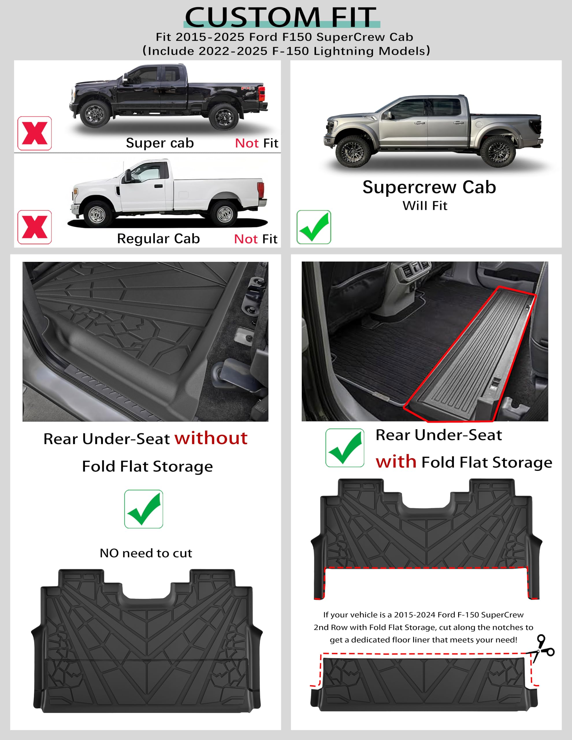 Karpal Floor Mats Fit For 2015-2025 Ford F-150/2022-2025 F-150 Lightning Supercrew (Rear With Fold Flat Storage), All Weather Cu