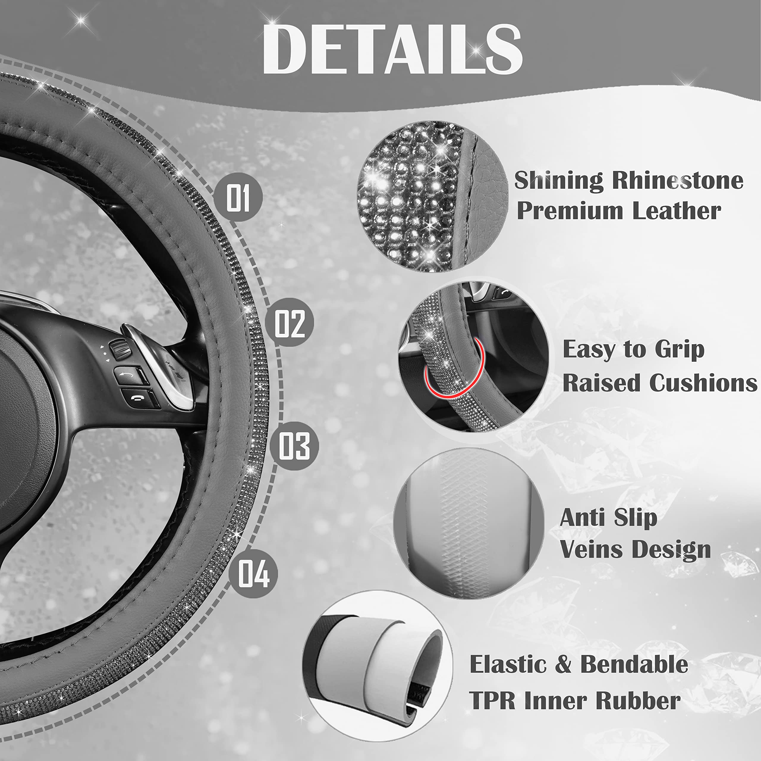 Car Pass Bling Diamond Leather Steering Wheel Cover, With Bling Sparkly Crystal Glitter Rhinestones Universal Fit 14 1/2-15 Car Wheel Protector For Women Girl Fit Suvs,Vans,Sedans,Cars,Trucks, Gray