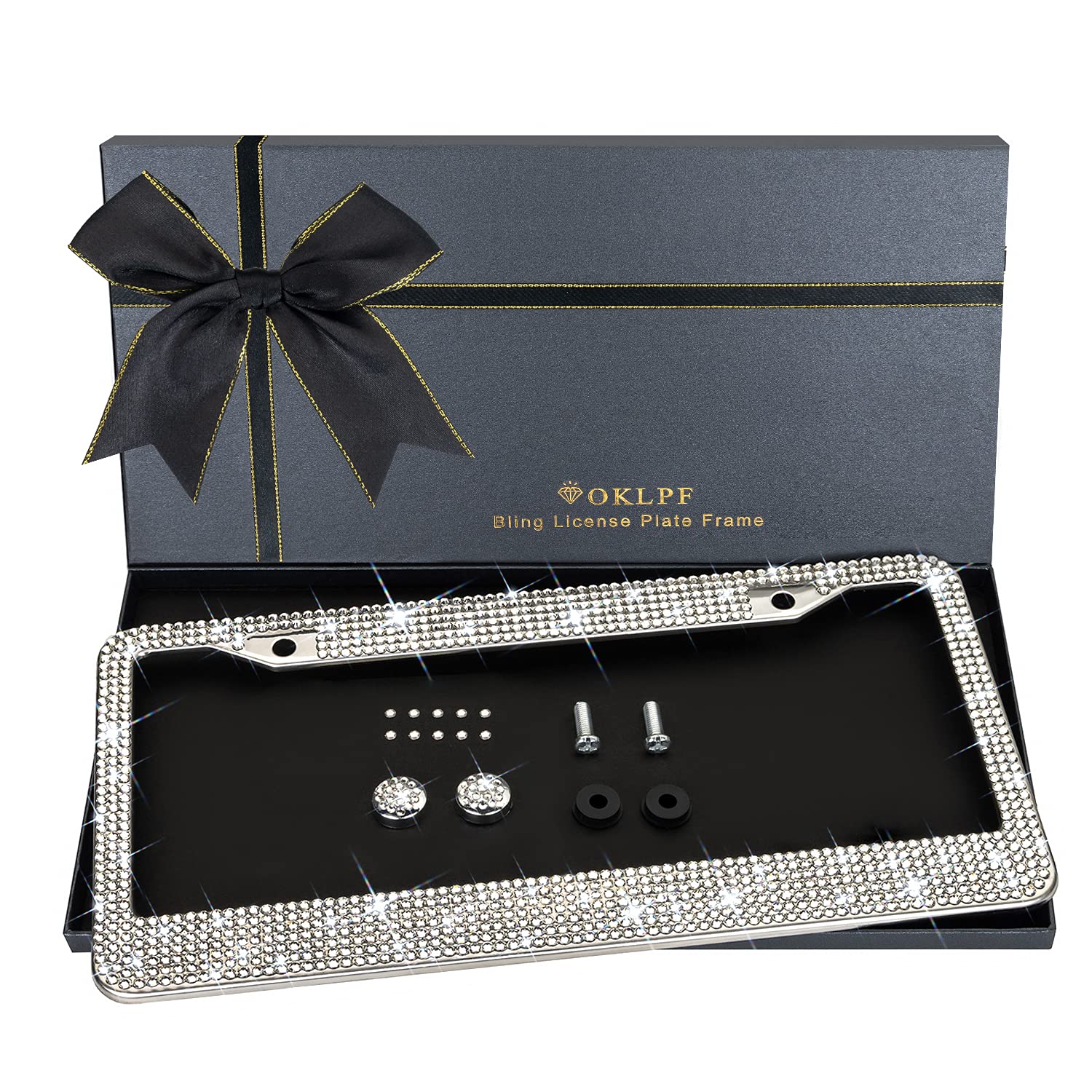 Oklpf Bling License Plate Frame For Women, White Sparkly Stainless Steel License Plate Frames| Over 1200 Pcs 14 Facets Bedazzled