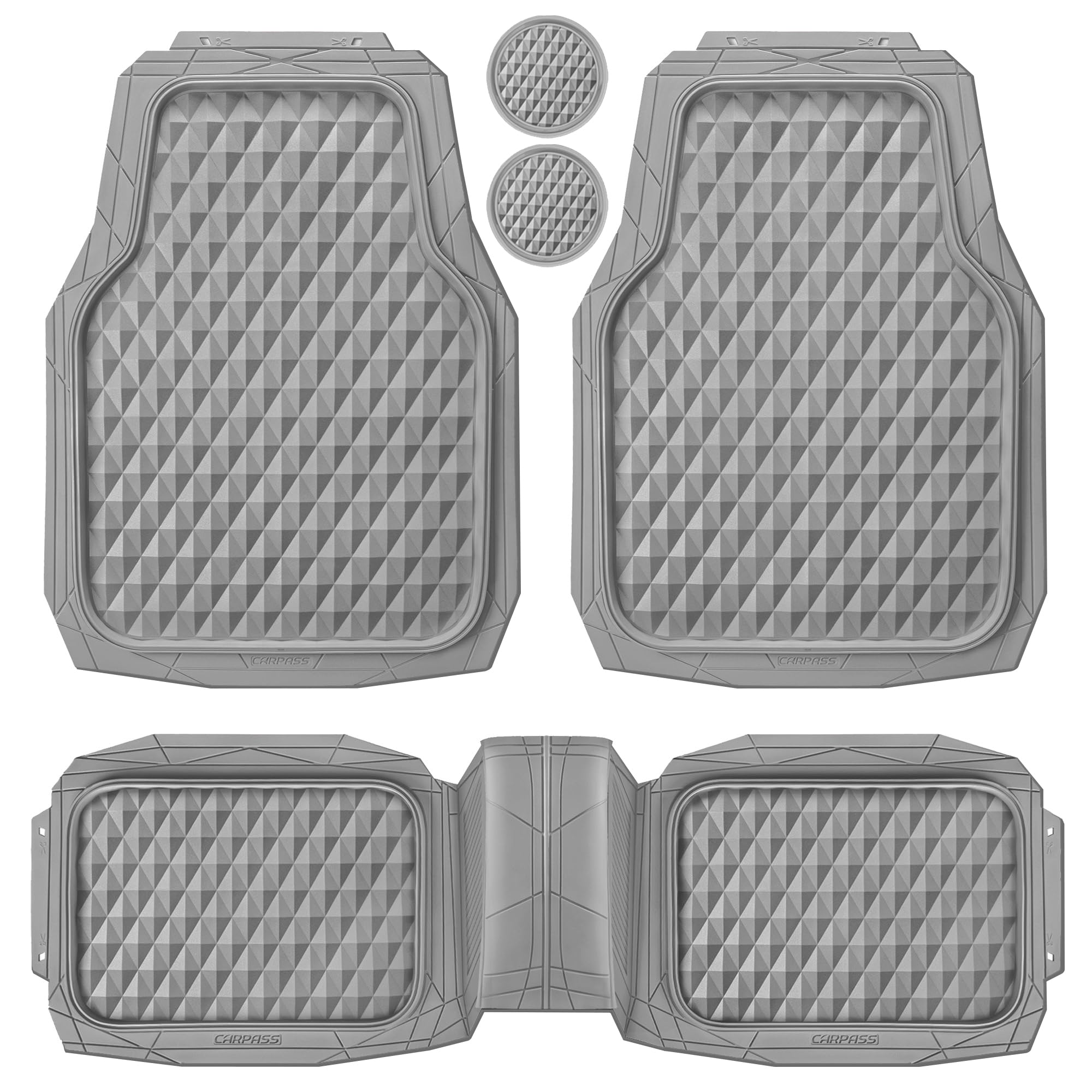 CAR PASS Heavy Duty Rubber Car Mats, Gray Deep Dish All-Weather Car Floor Mat Full Set Durable Anti-Slip 3D Rhombus Waterproof T
