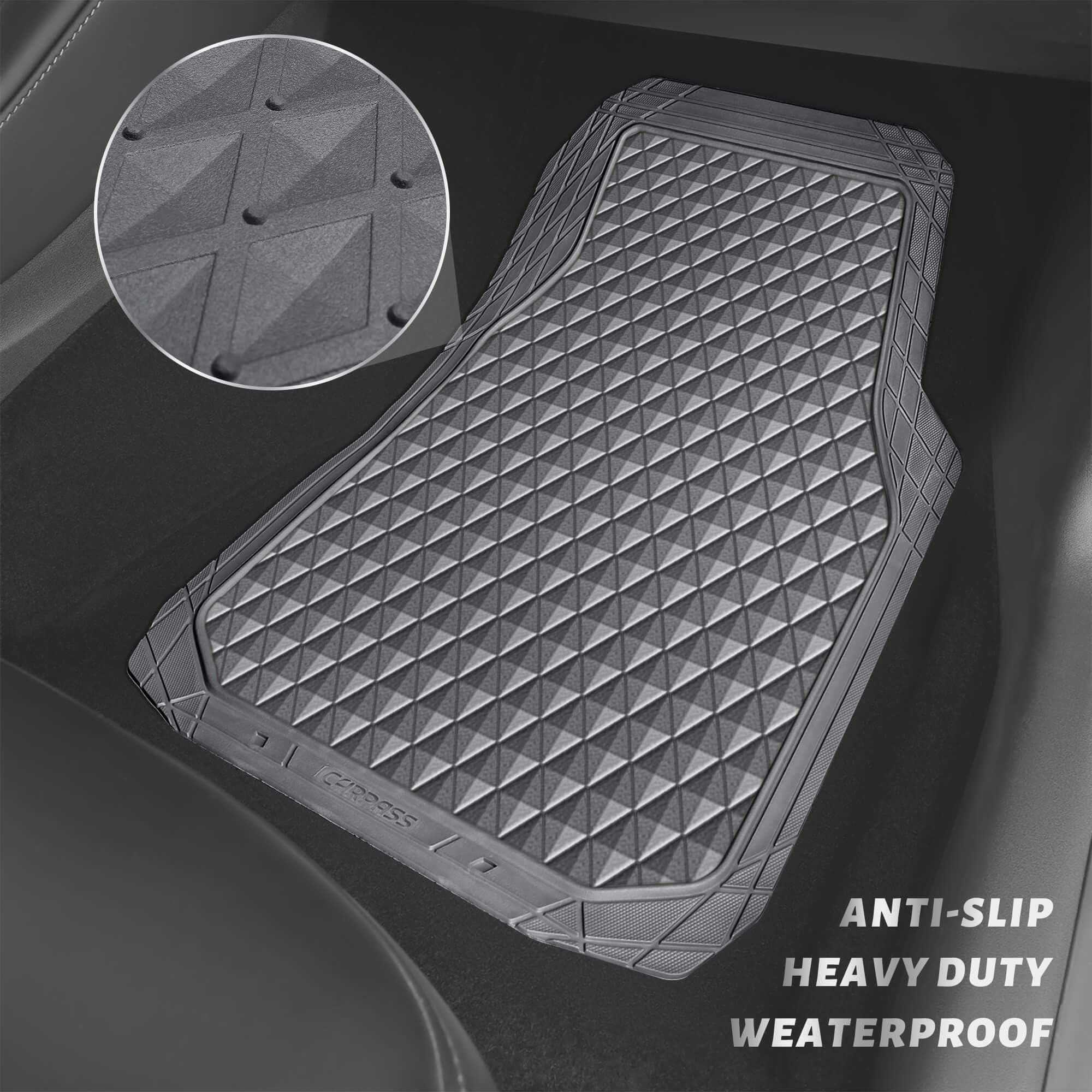 CAR PASS Gray Rubber Car Mats, All-Weather Floor Mats Full Set Durable Anti-Slip 3D Rhombus Waterproof Automotive Pad Trim to Fi