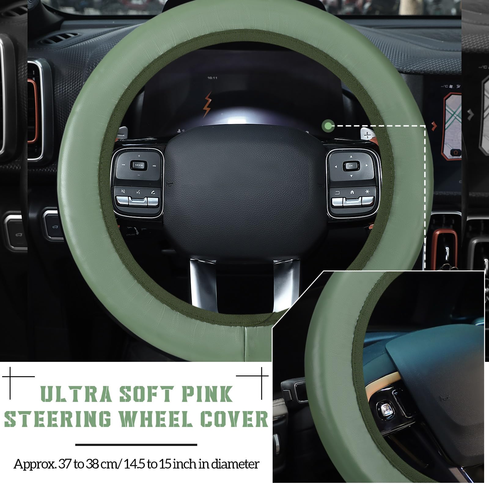 15 Pcs Bling Car Accessories Set Leather Steering Wheel Cover Seatbelt Cover Car Ring Sticker Center Console Pad USB Port Flower