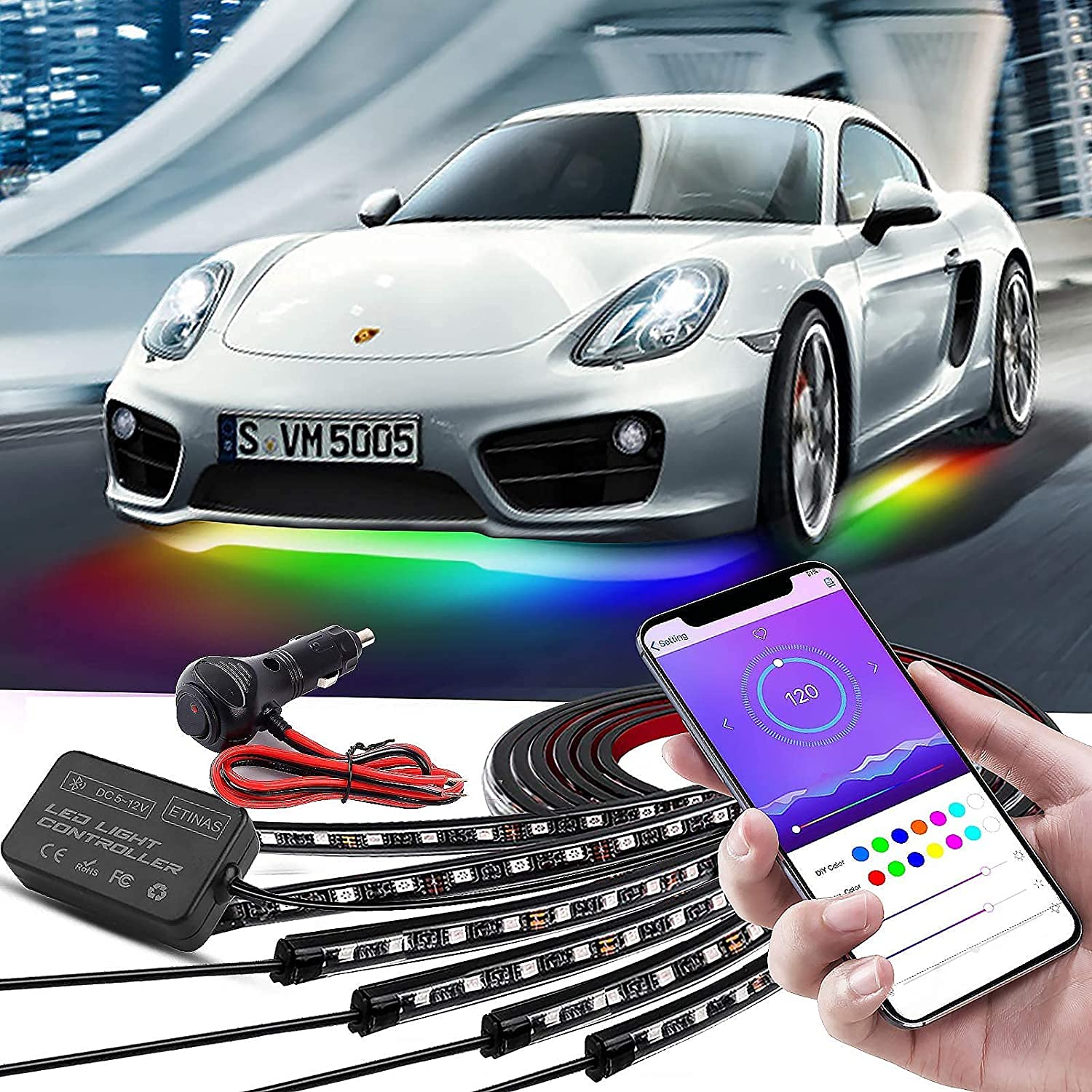 Car Underglow Lights, Bluetooth Dream Color Chasing Strip Lights Kit, 6 Pcs Waterproof Exterior Car Lights With App Control, 12V