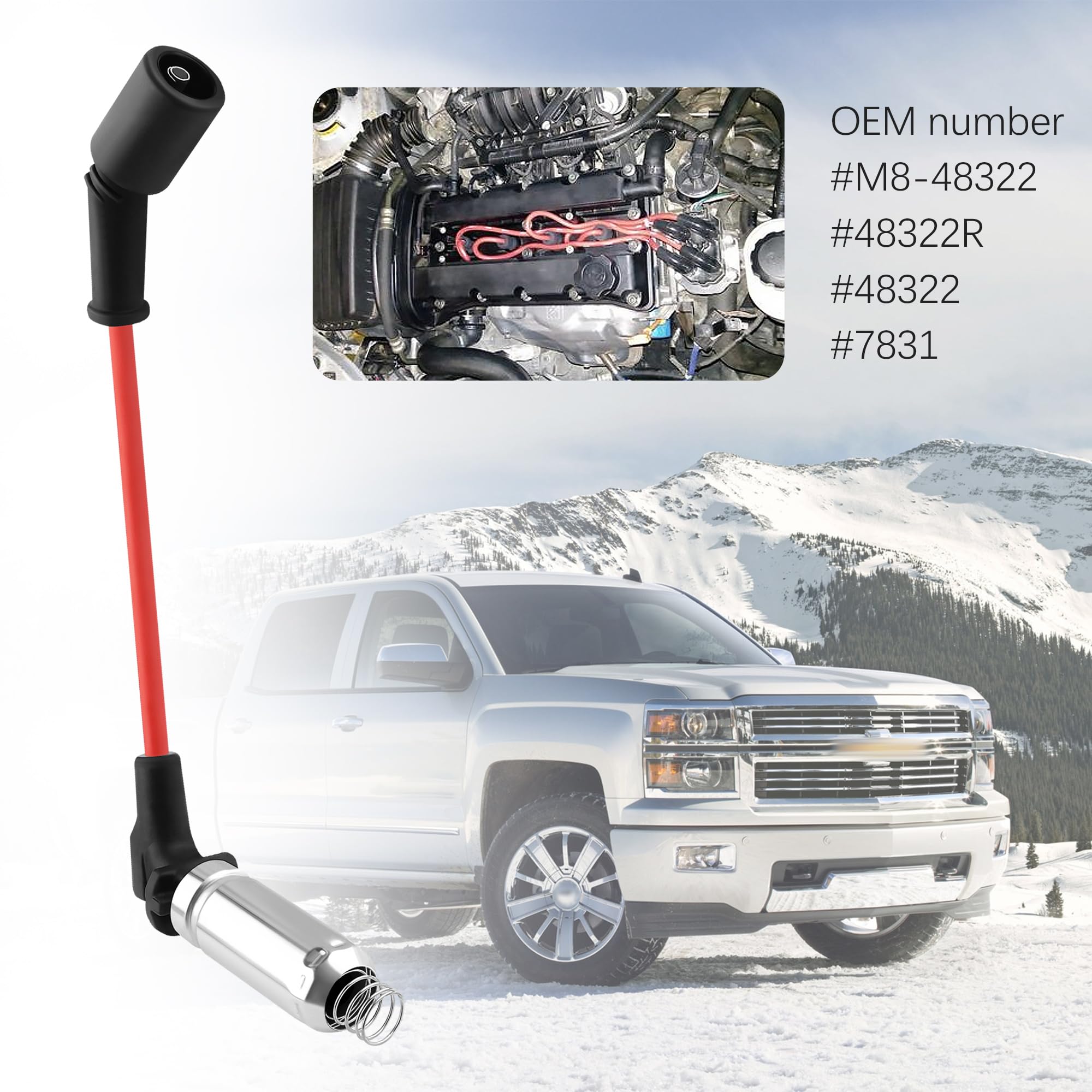 IHOTDER 8PCS Spark Plug Wires Set Compatible with GMC Hummer Chevrolet Cadillac,Spark Plugs and Wires Replacement OEM#M8-48322,4