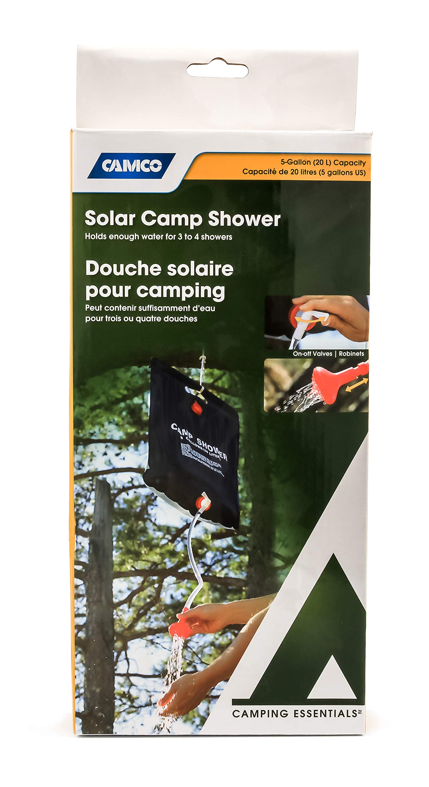 Camco Outdoor Natural Solar Shower With On-Off Valve For Campsites - Holds 5 Gallons Of Water, Sufficient For 3-4 Showers, Excel