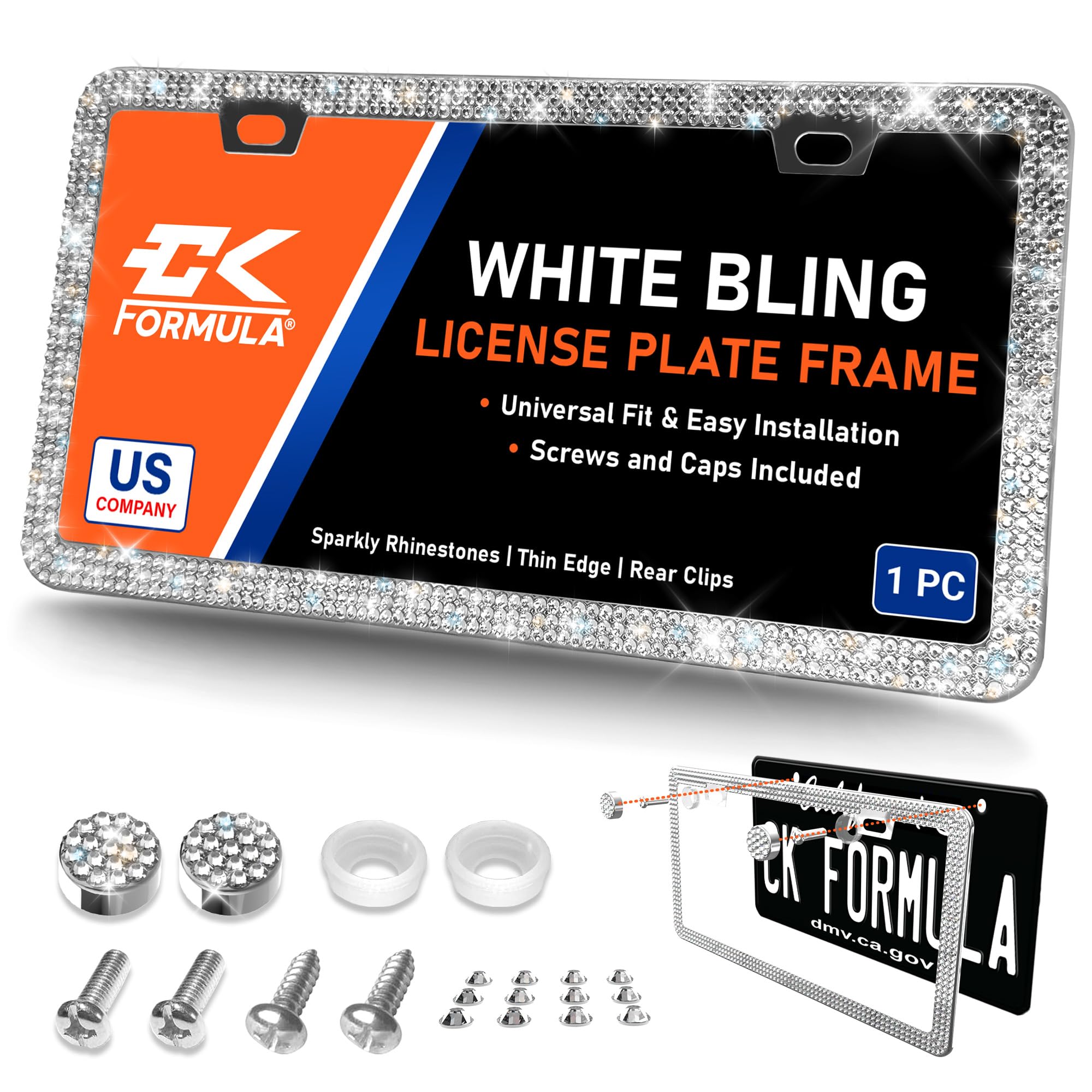 CK Formula White Bling License Plate Frame, Rhinestone License Plate Frame, Diamond License Plate Frame for Women, Stainless Ste