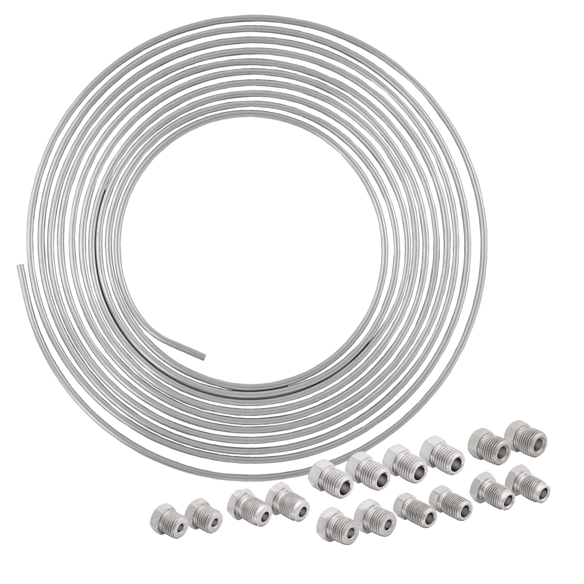 4LIFETIMELINES 25 ft 3/16 316L Marine Grade Stainless Steel Brake Line Replacement Tubing Coil and Fitting Kit, 16 Fittings Incl