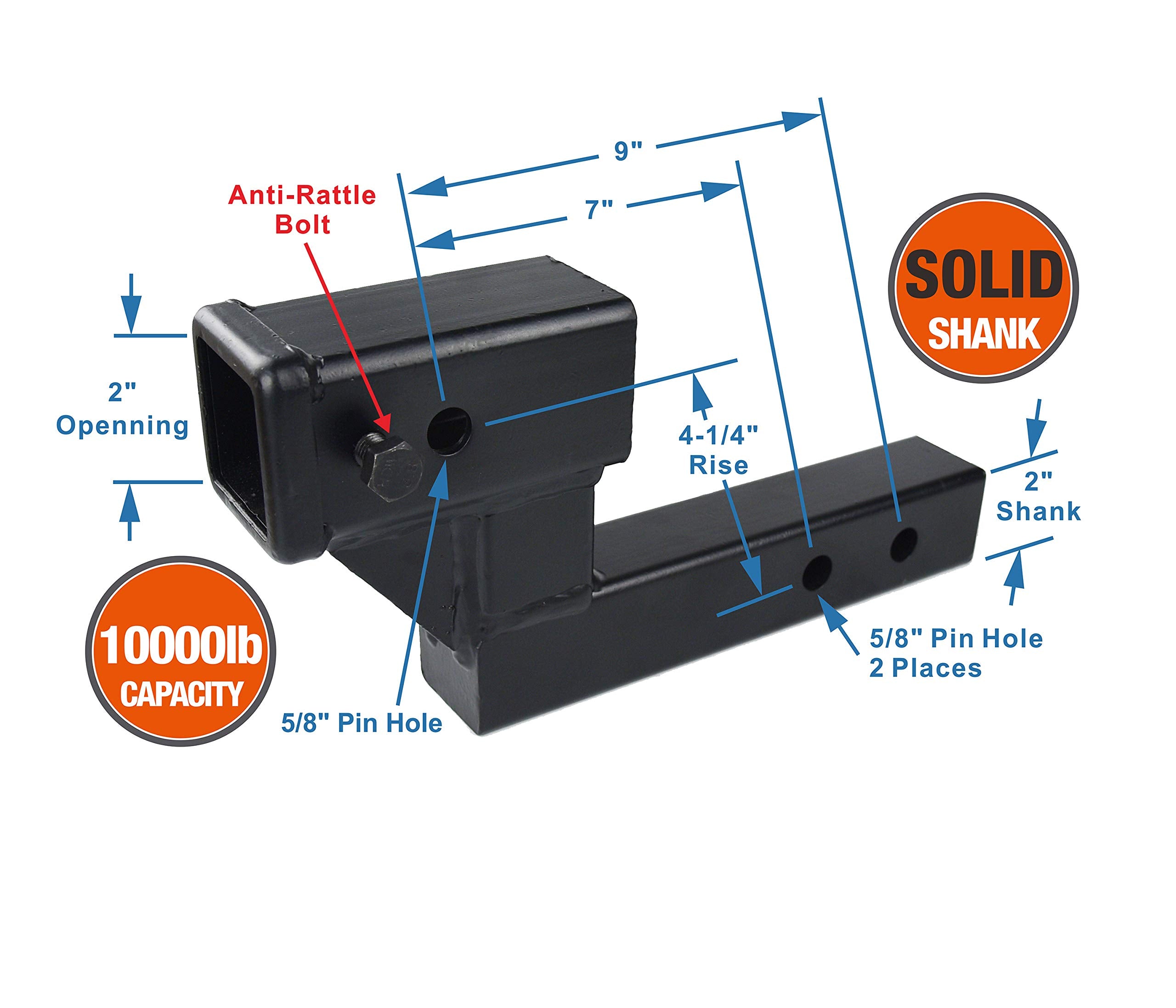 Toptow 64122 2-Inch Receiver Trailer Hitch Extension Riser With 4.25-Inch Rise/Drop, 7 & 9 Extender, 2-Inch Solid Shank, 10000Lbs Towing Capacity, Anti-Rattle Bolt