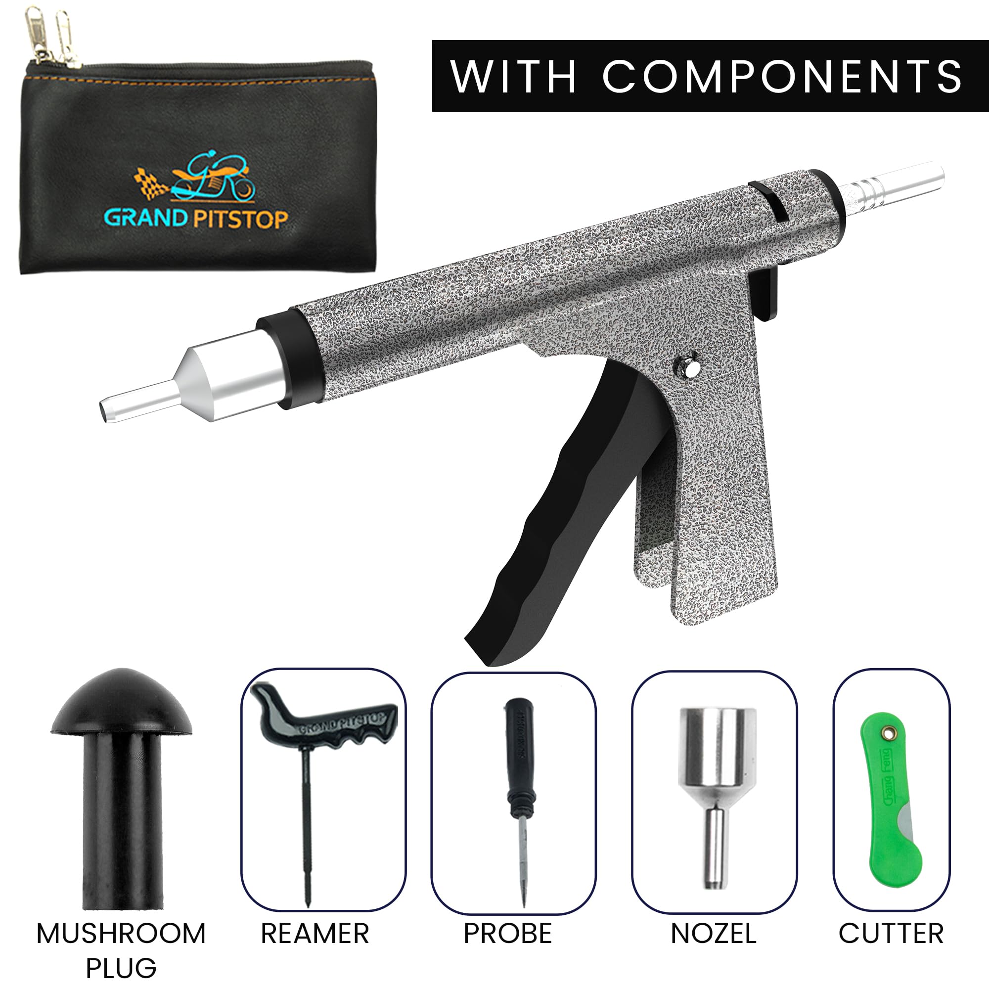 Grand Pitstop Tubeless Tire Gun Puncture Repair Kit With Mushroom Plug For Tyre Punctures And Flats On Cars, Motorcycles, Atv, T