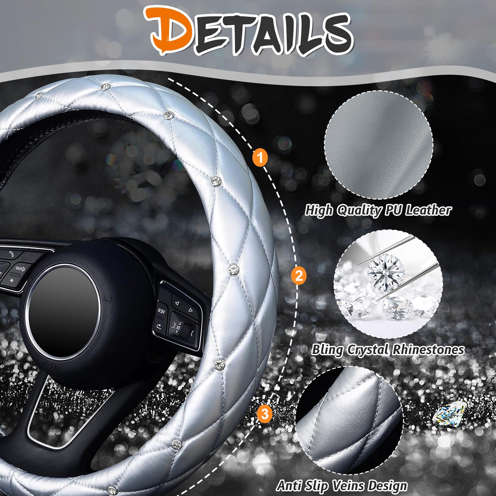 Kafeek Diamond Soft Leather Steering Wheel Cover With Bling Bling Crystal Rhinestones, Universal 15 Inch, Silver