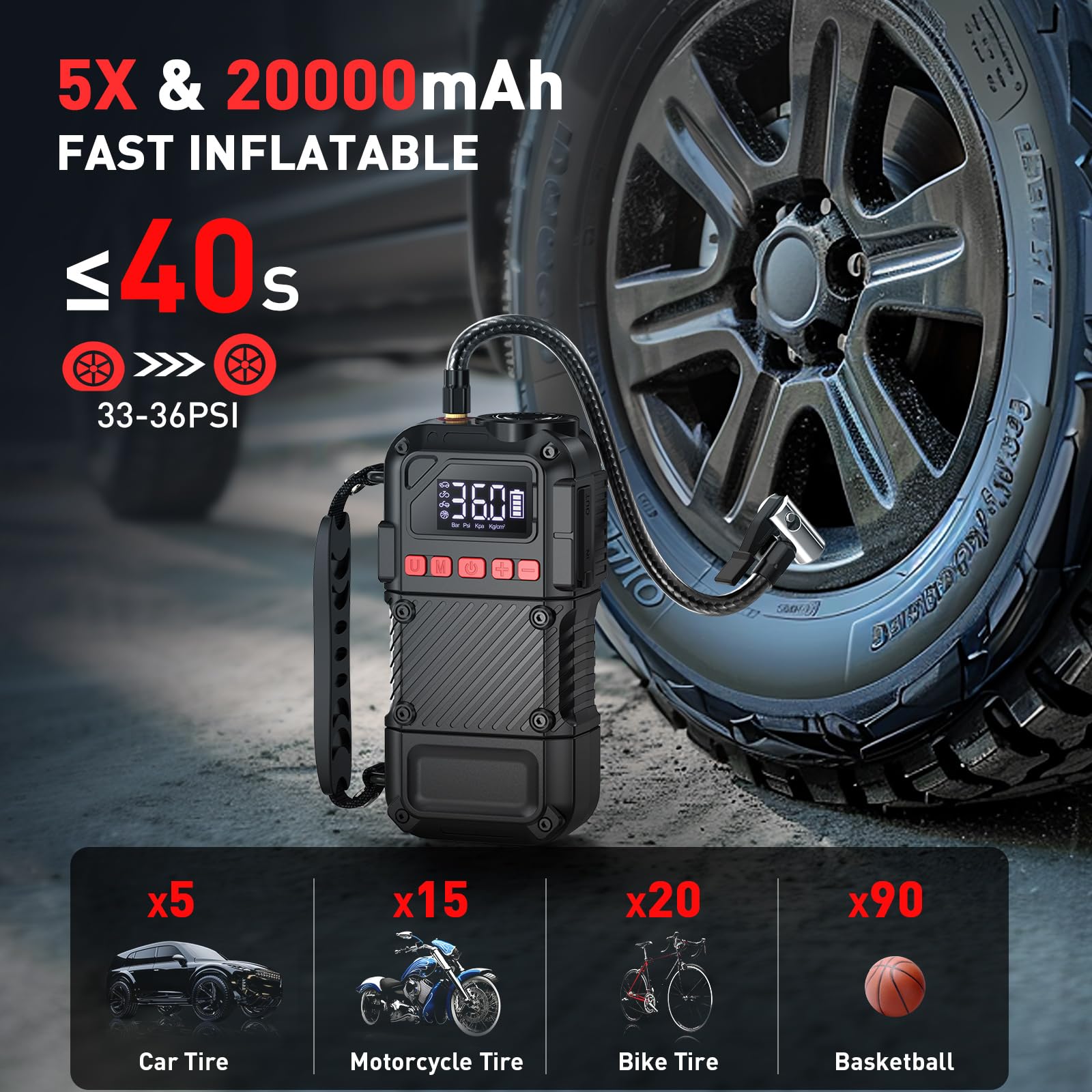 Tire Inflator Portable Air Compressor - 20000Mah Portable Air Pump, 150 Psi Tire Pump With Led Light, Lcd Screen, Portable Tire