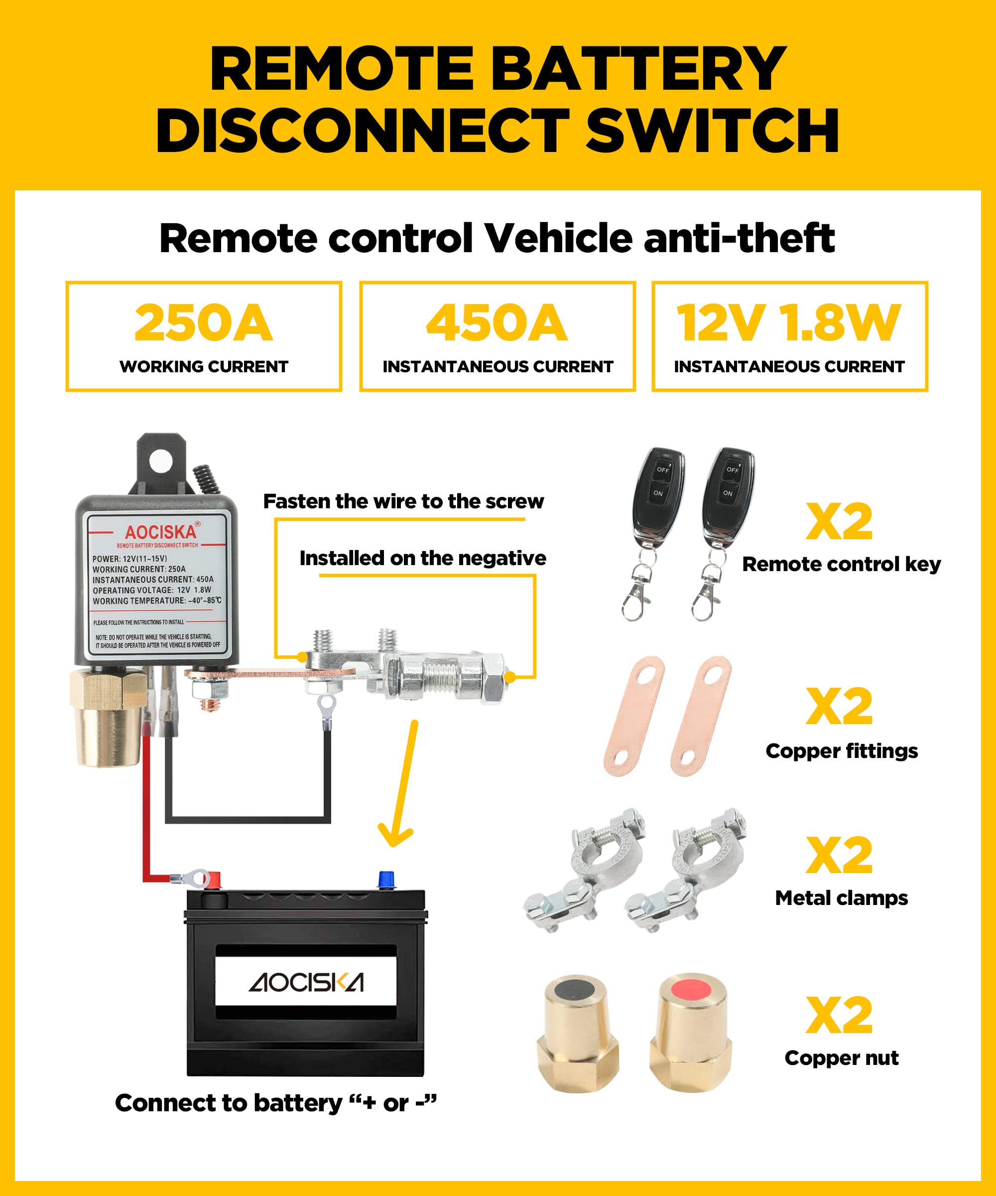 Aociska Remote Negative Battery Kill Switch Kit,Car Kill Switch Anti Theft Dc 12V 250A Remote Control,Prevent Battery Drain,Battery Cut Off Switch Remote Battery Disconnect Switch