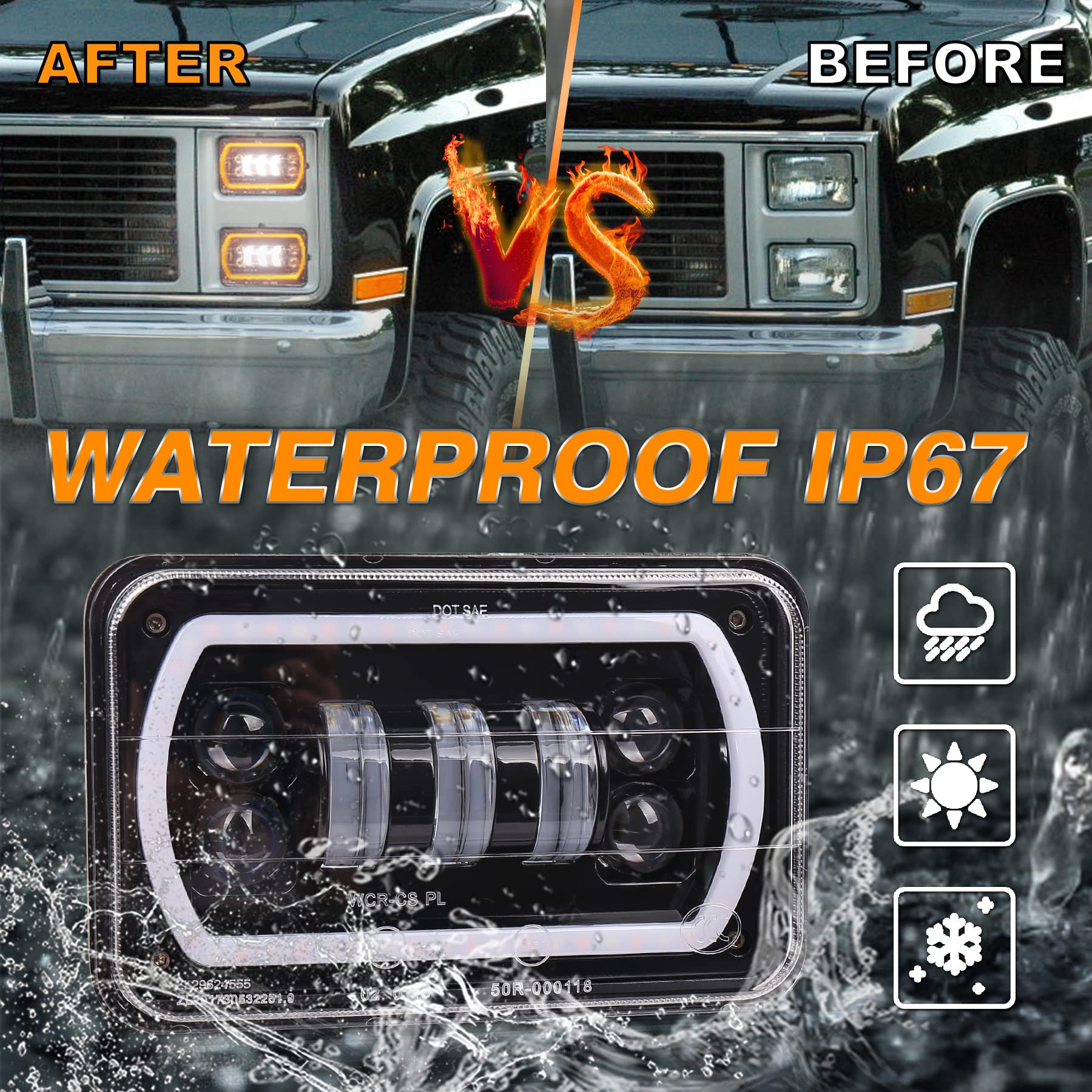 MOVOTOR Off Road 4x6 Led Headlights with White/Yellow Halo Seal Beam H4651 H4656 H6545 H4668 Replacement Headlamp for Ford Kenwo