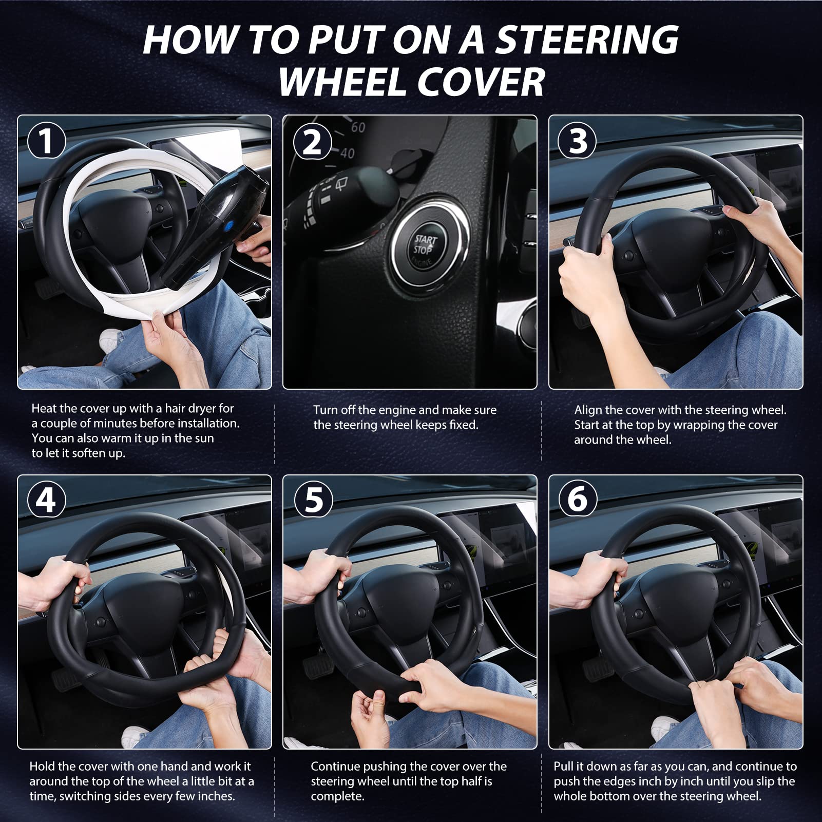 Seg Direct Flat Bottom Steering Wheel Cover, D Shaped Car Wheel Cover 14-14 1/4 In. (35.5-36 Cm), For Tesla Model 3 / Y, For Camaro, Black Microfiber Leather