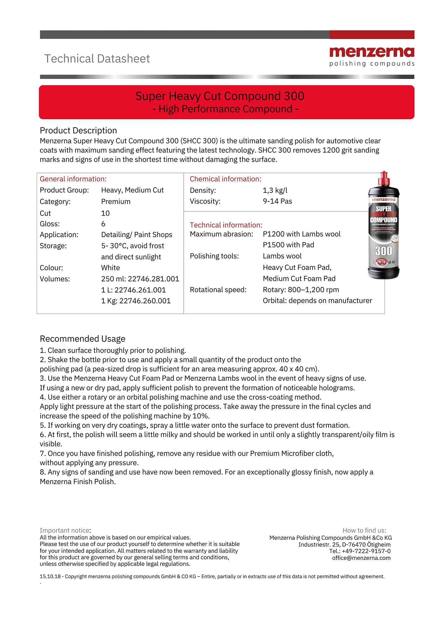 Menzerna Shc300Q - Super Heavy Cut Compound 300 Quart Bottle