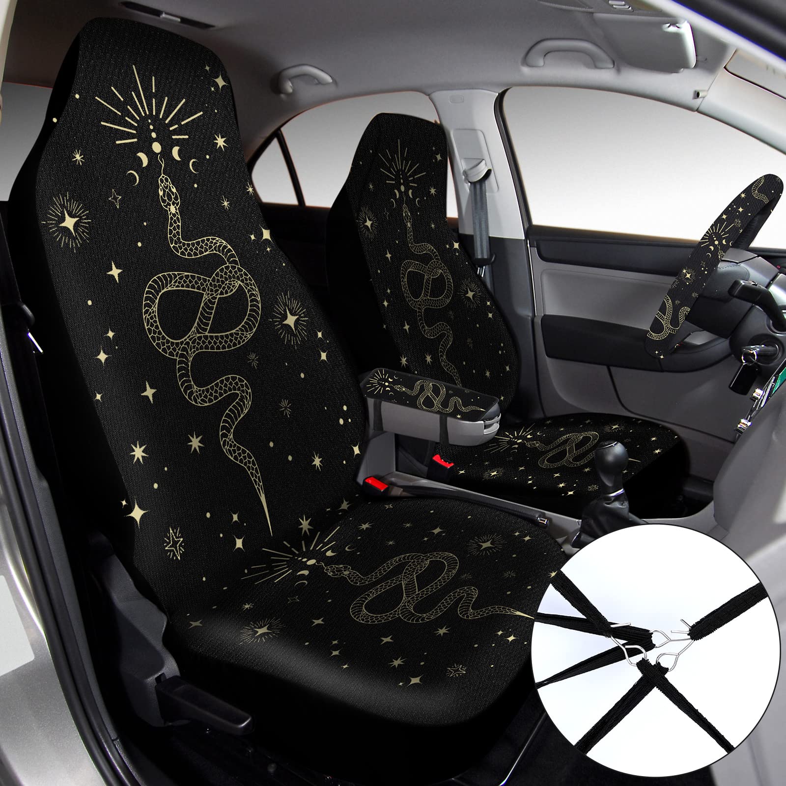 10 Pcs Moon Star Car Seat Covers Full Set Car Accessories for Women Front Seat Cover Steering Wheel Armrest Cover Seat Belt Cove