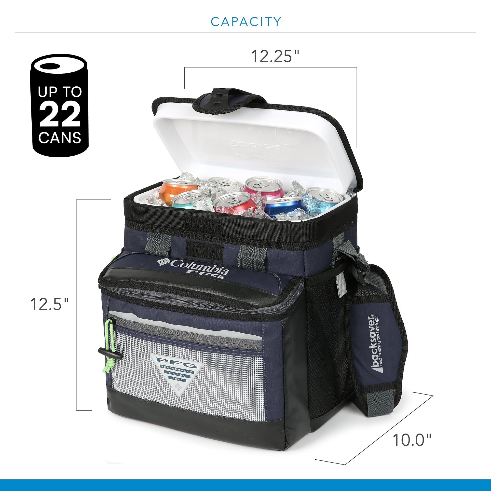 Columbia PFG Thermal Pack Cooler - 22 Can Zipperless Hardbody, 500D Polyester, Navy Blue, Model 1162202375