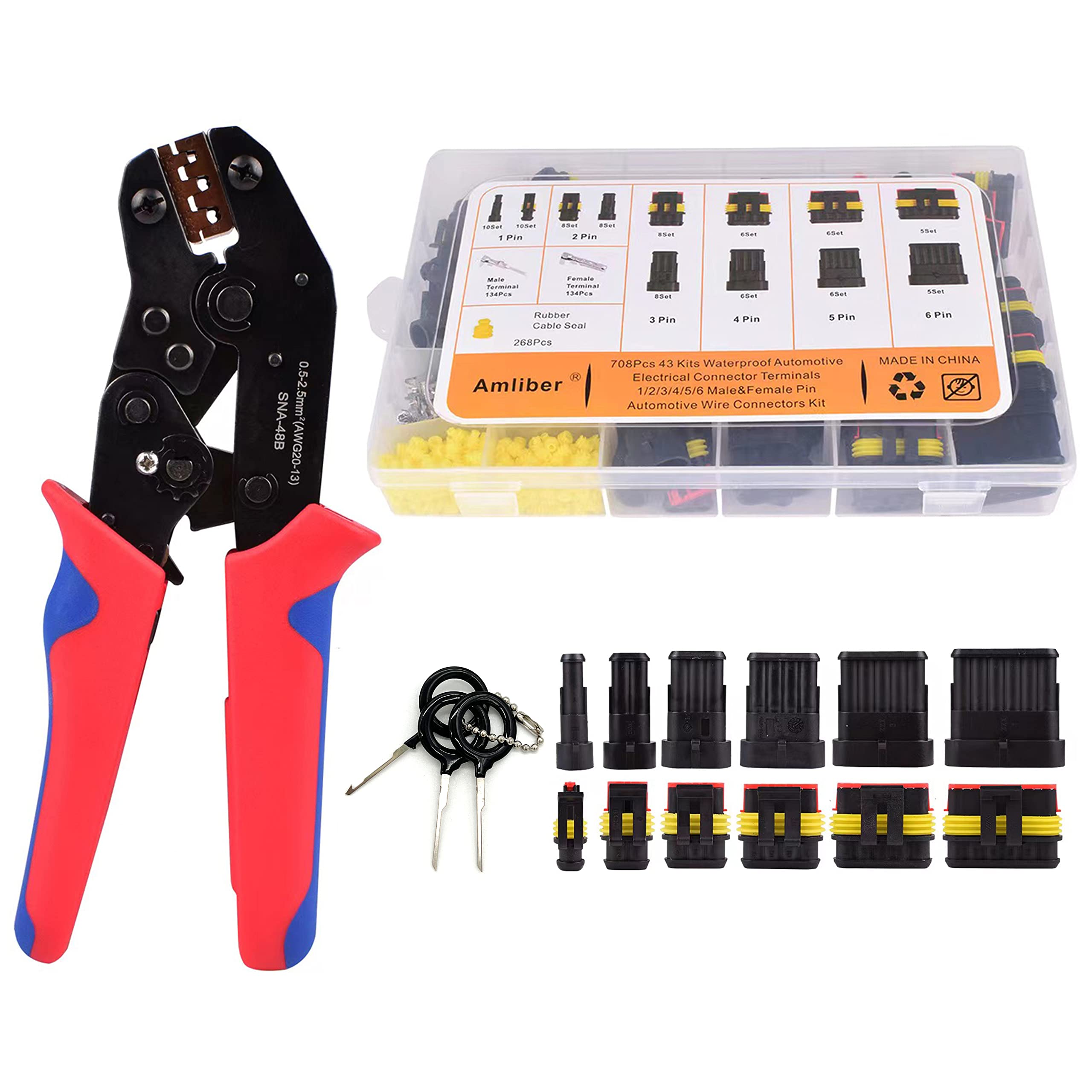 Amliber 709Pcs 43 Kits Waterproof Automotive Wire Connectors With Ratcheting Wire Crimper, 1/2/3/4/5/6 Pin Automotive Electrical