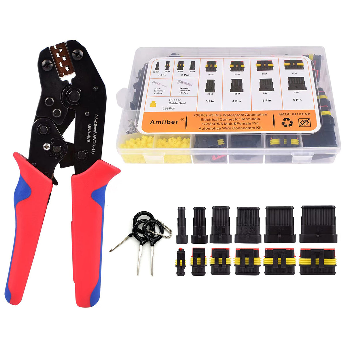 Amliber 709Pcs 43 Kits Waterproof Automotive Wire Connectors With Ratcheting Wire Crimper, 1/2/3/4/5/6 Pin Automotive Electrical