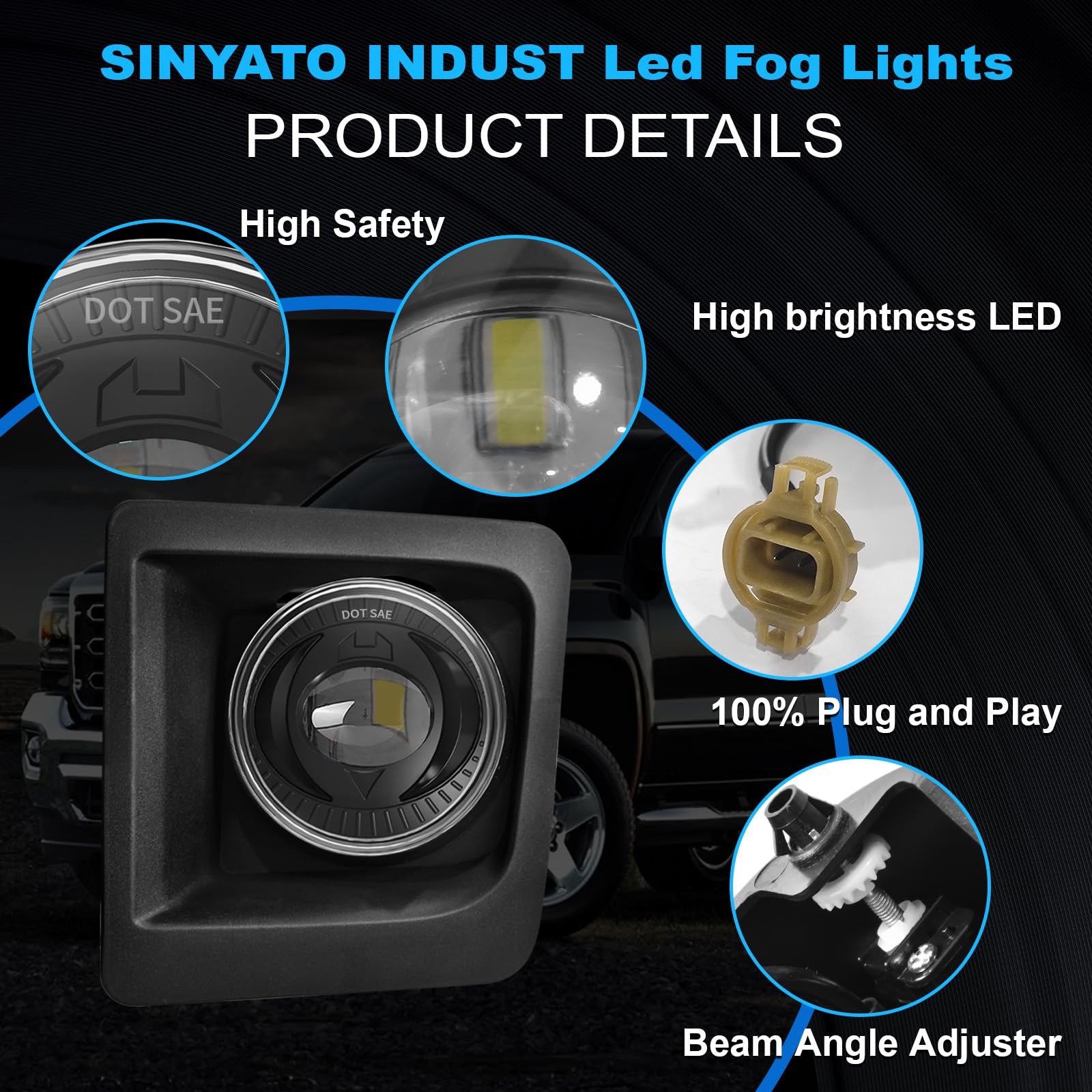 Sinyato Indust Led Fog Lights Compatible With 2014-2015 Gmc Sierra 1500, Bumper Driving Led Fog Lamp Assembly Replacement Foglight Kit, Dot Certified(1 Pair)