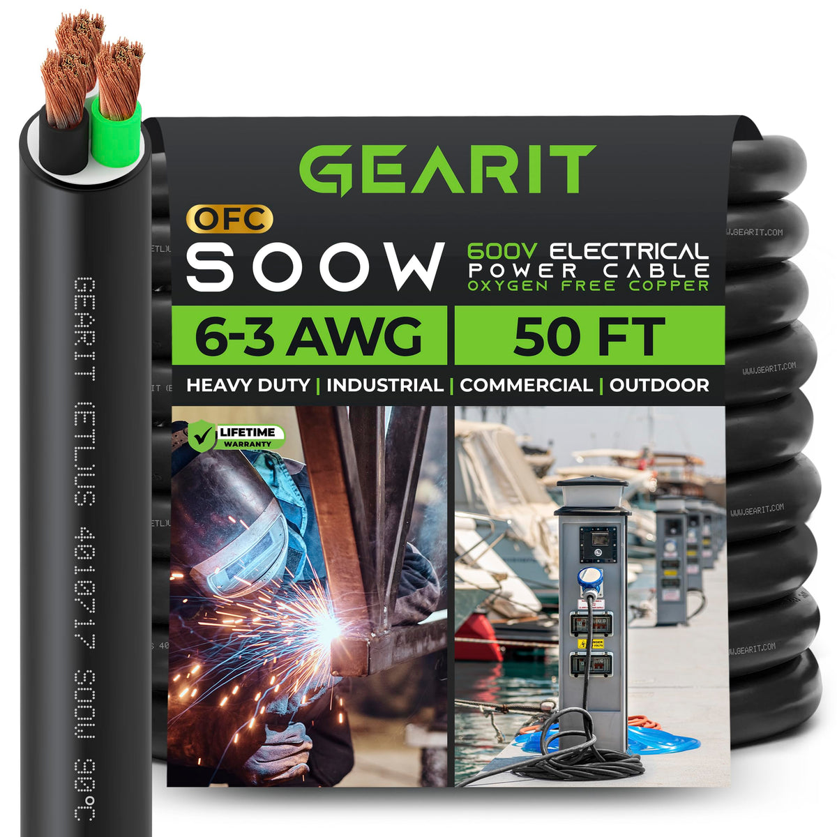 Gearit 6/3 6 Awg Portable Power Cable (50 Feet - 3 Conductor) Soow 600V 6 Gauge Electric Wire For Motor Leads, Portable Lights, Battery Chargers, Stage Lights And Machinery -50Ft Electrical Cord