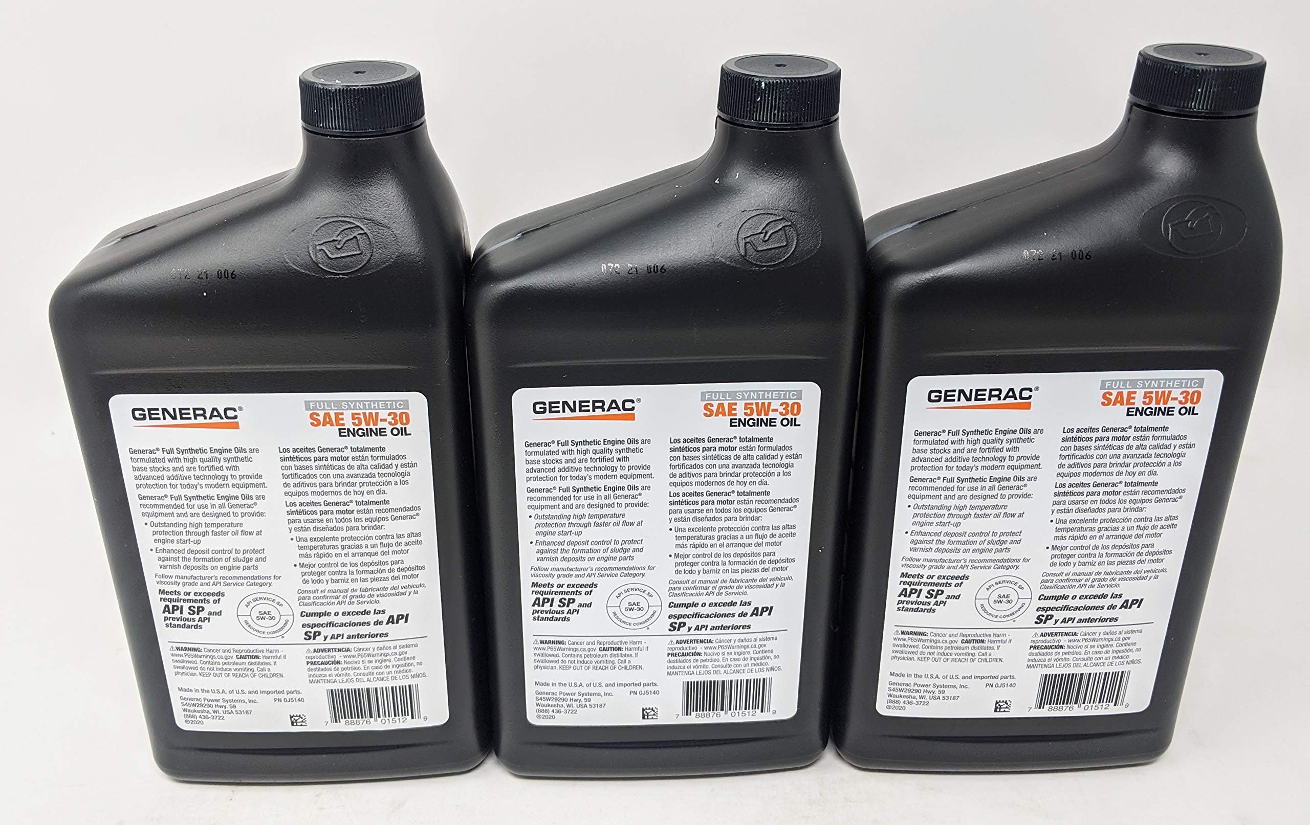 Generac Full Synthetic Motor Oil 5W-30 Sn Quart Bottle Part# 0J5140 (Pack Of 3)