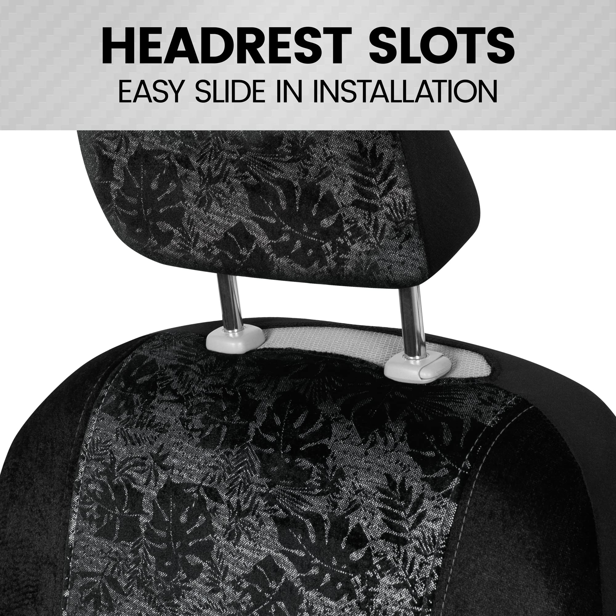 Bdk Black Maui Car Seat Covers For Front Seats, 2 Pack - Tropical Pattern Front Seat Cover Set With Matching Headrest, Sideless Design For Easy Installation, Fits Most Car Truck Van And Suv