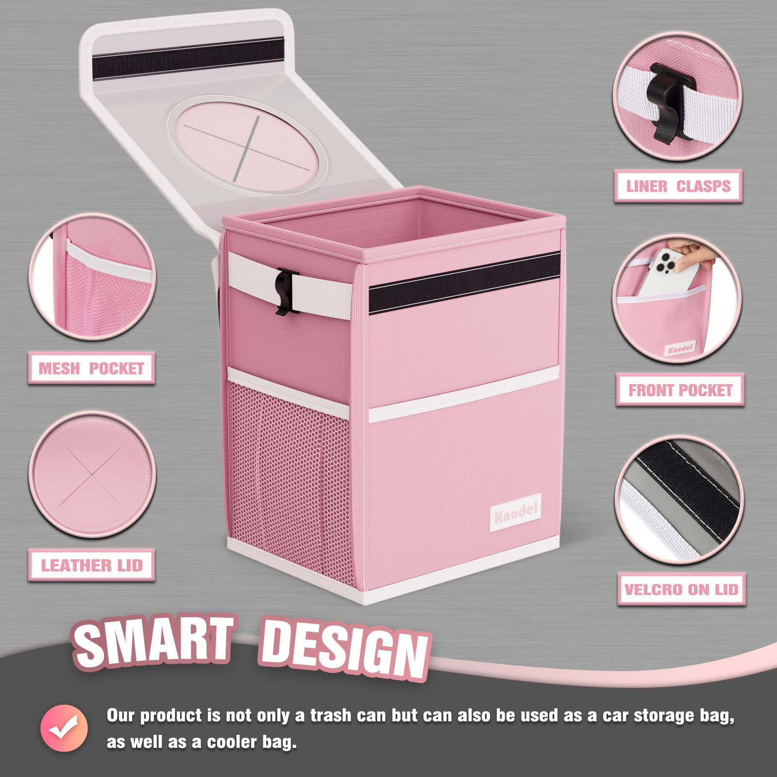Knodel Car Trash Can, Waterproof Car Garbage Can, Car Trash Bag With Lid, Leak-Proof Car Trash Bin, Car Trash Hanging (Pink, Med