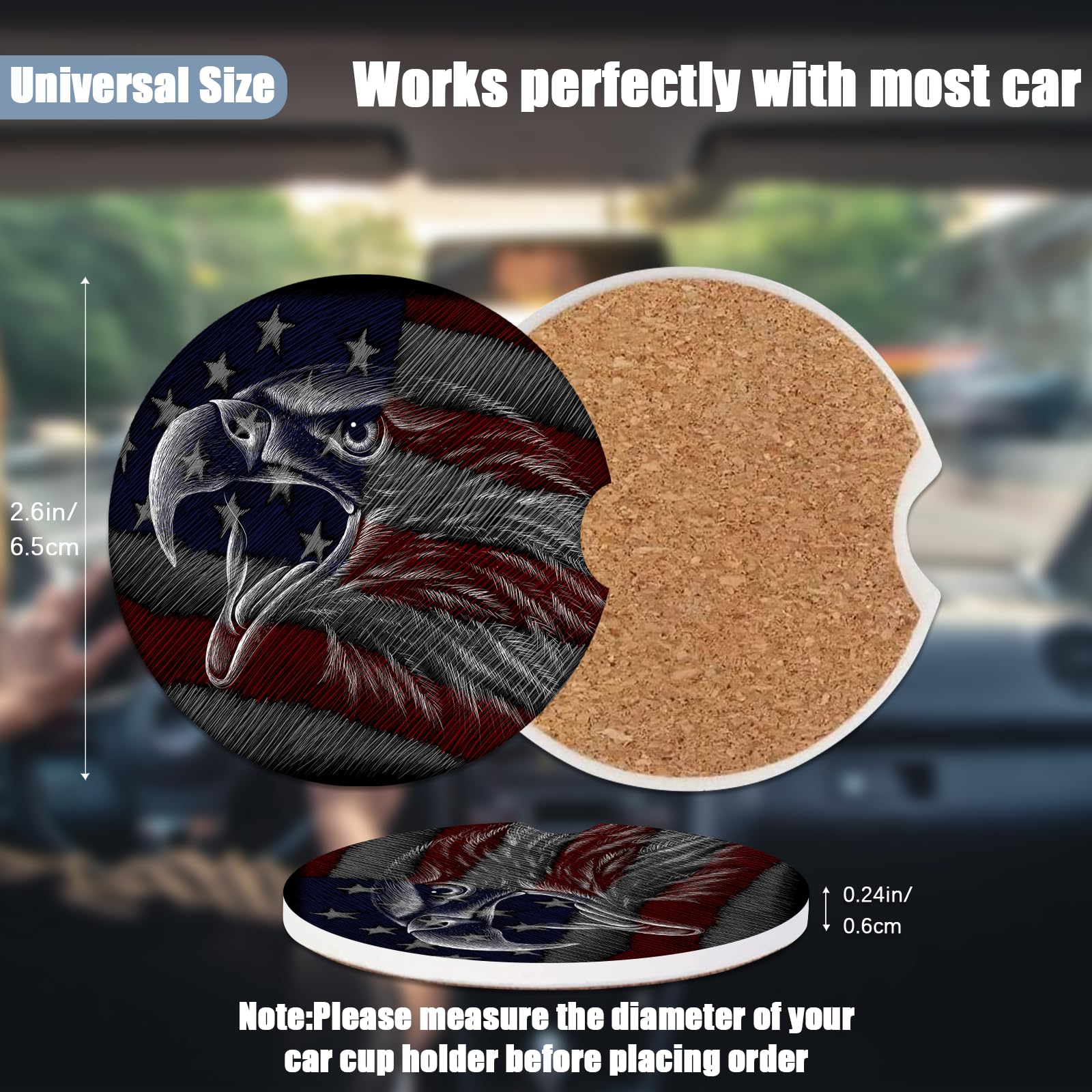 Car Cup Holder Coaster - American Flag Eagle Absorbent Ceramic Coaster, Car Coasters for Cup Holders, Auto Accessories for Women