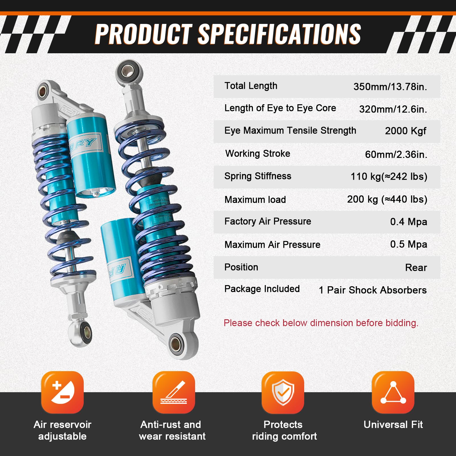 Gzyf Pair 320Mm Motorcycle Rear Air Shock Absorbers Universal For Honda For Suzuki For Kawasaki For Yamaha Atv Go Kart Quad Dirt