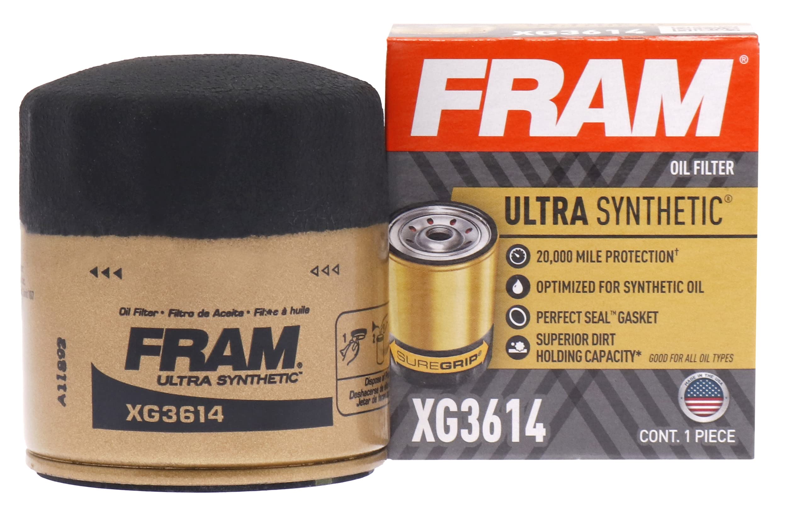 Fram Ultra Synthetic Automotive Replacement Oil Filter, Designed For Synthetic Oil Changes Lasting Up To 20K Miles, Xg3614 With 