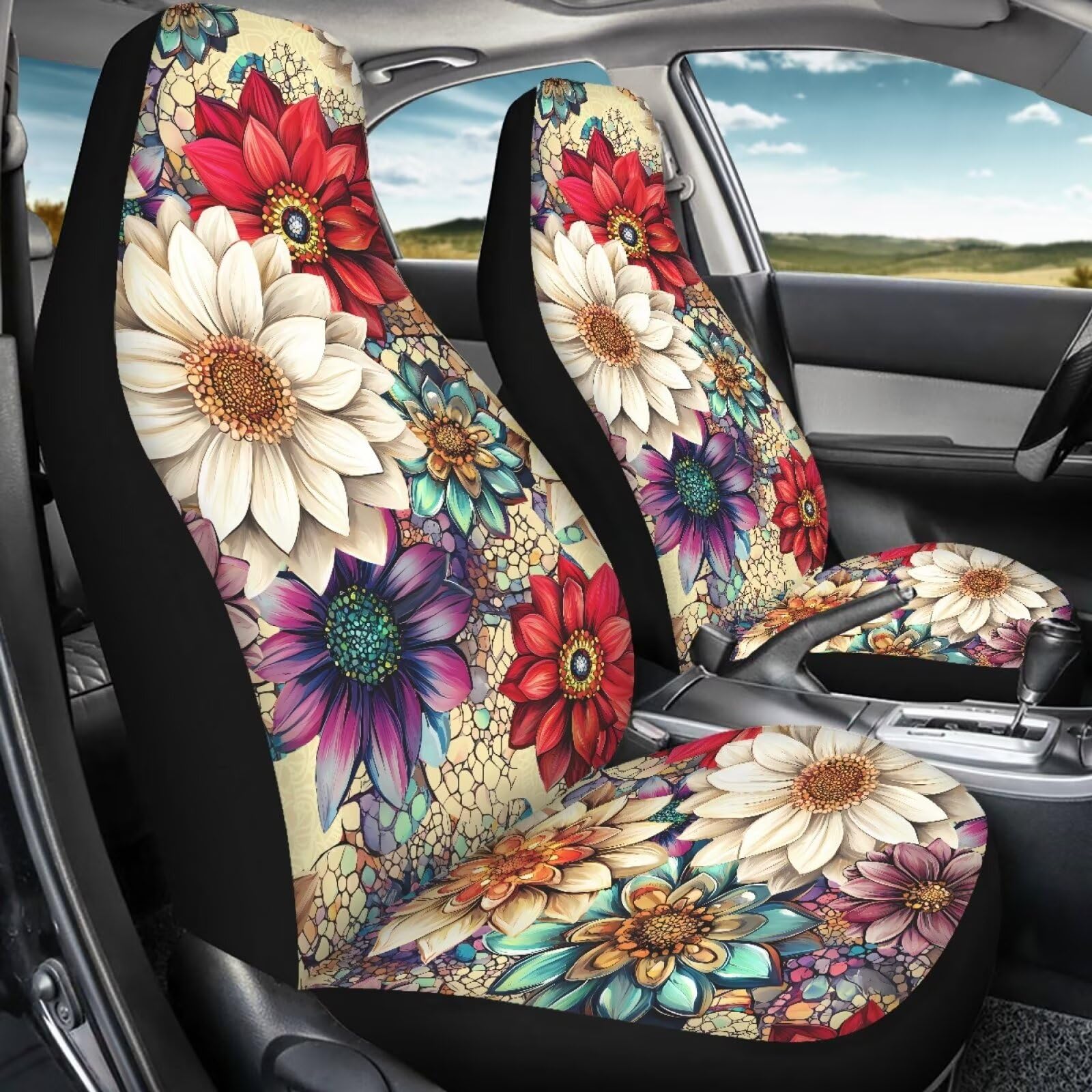 Bigcarjob Blossom Lotus Car Seat Covers Set For Front Only Boho Lotus Print Car Interior Accessories Cute Seat Protector For Car