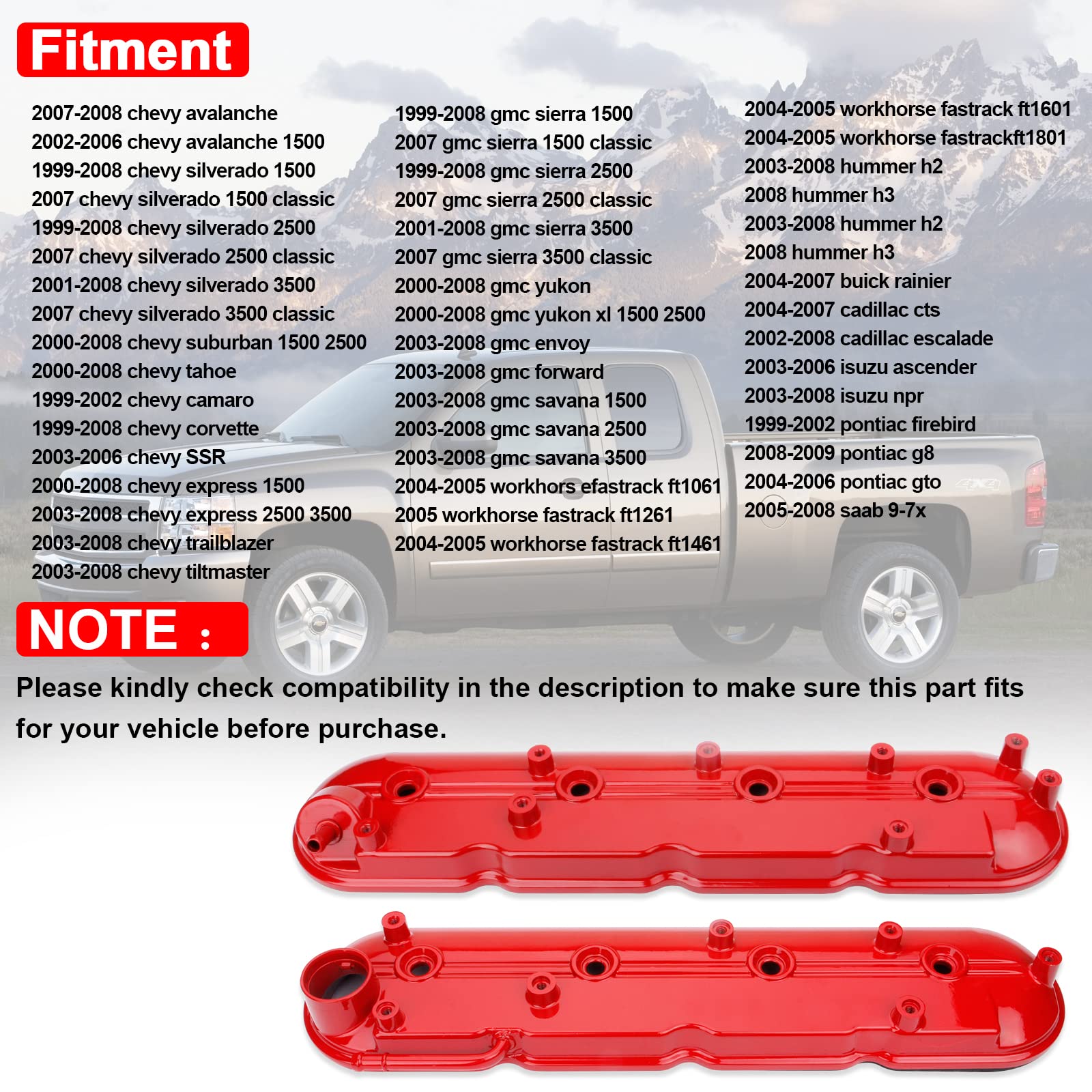 Red Valve Covers Left & Right Compatible With Silverado Sierra Express Savana Avalanche Suburban Trailblazer Tahoe Yukon Escalad
