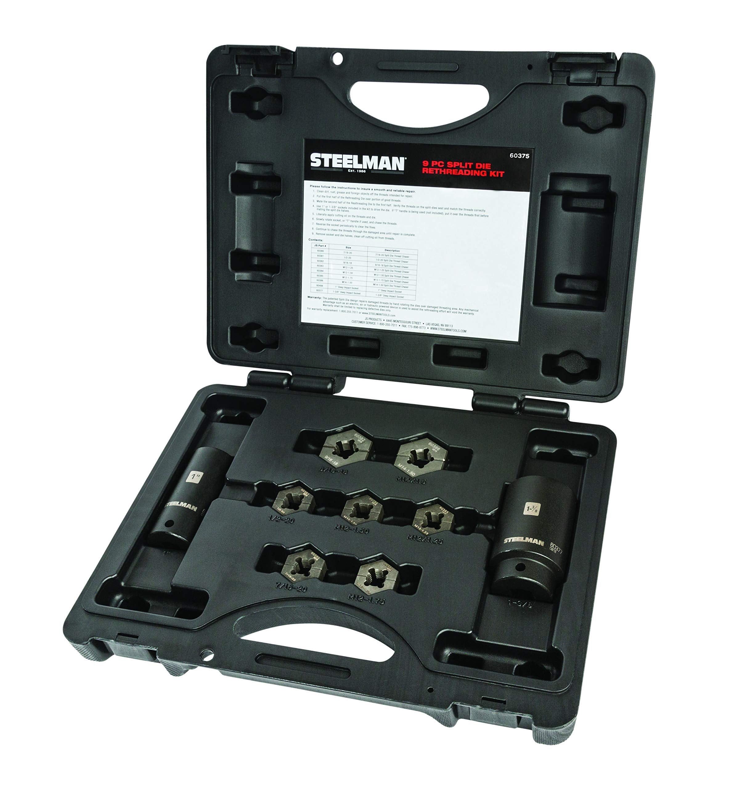 Steelman 9-Piece Split Die Wheel Stud Repair/Rethreading Kit, Indexing Pins, Steel, Repairs Threads On Wheel Studs And Bolts, Tw