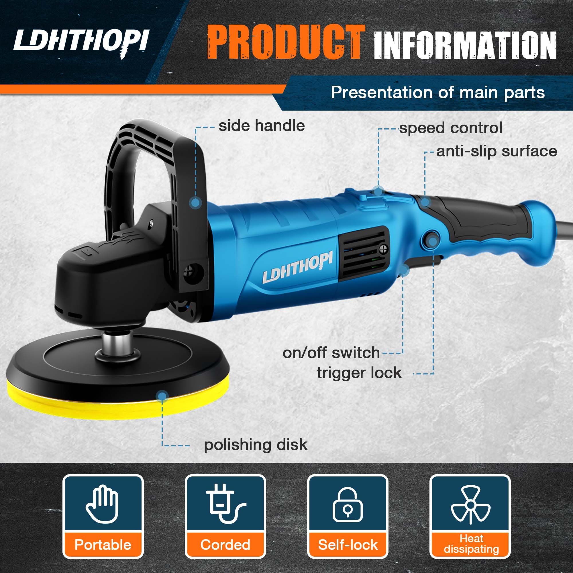 LDHTHOPI Buffer Polisher, 1800W 6 inch/7 inch Rotary Buffer Polisher Waxer, 750-3100RPM Car Buffers and Polishers with 6 Variabl