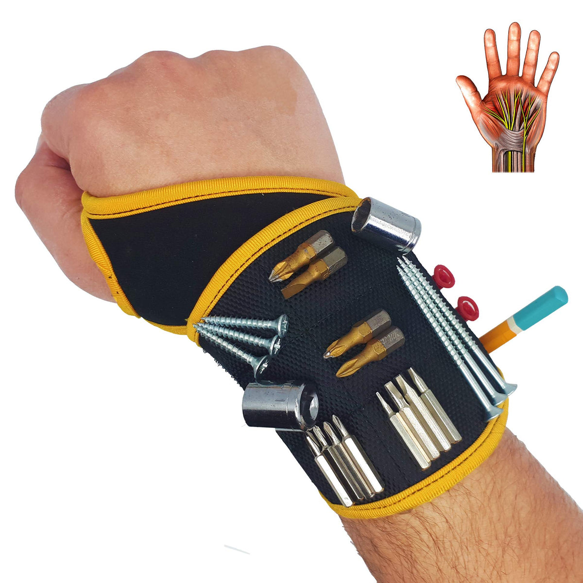 Binyatools Magnetic Wristband -Black- With Super Strong Magnets Holds Screws, Nails, Drill Bit Unique Wrist Support Design Cool