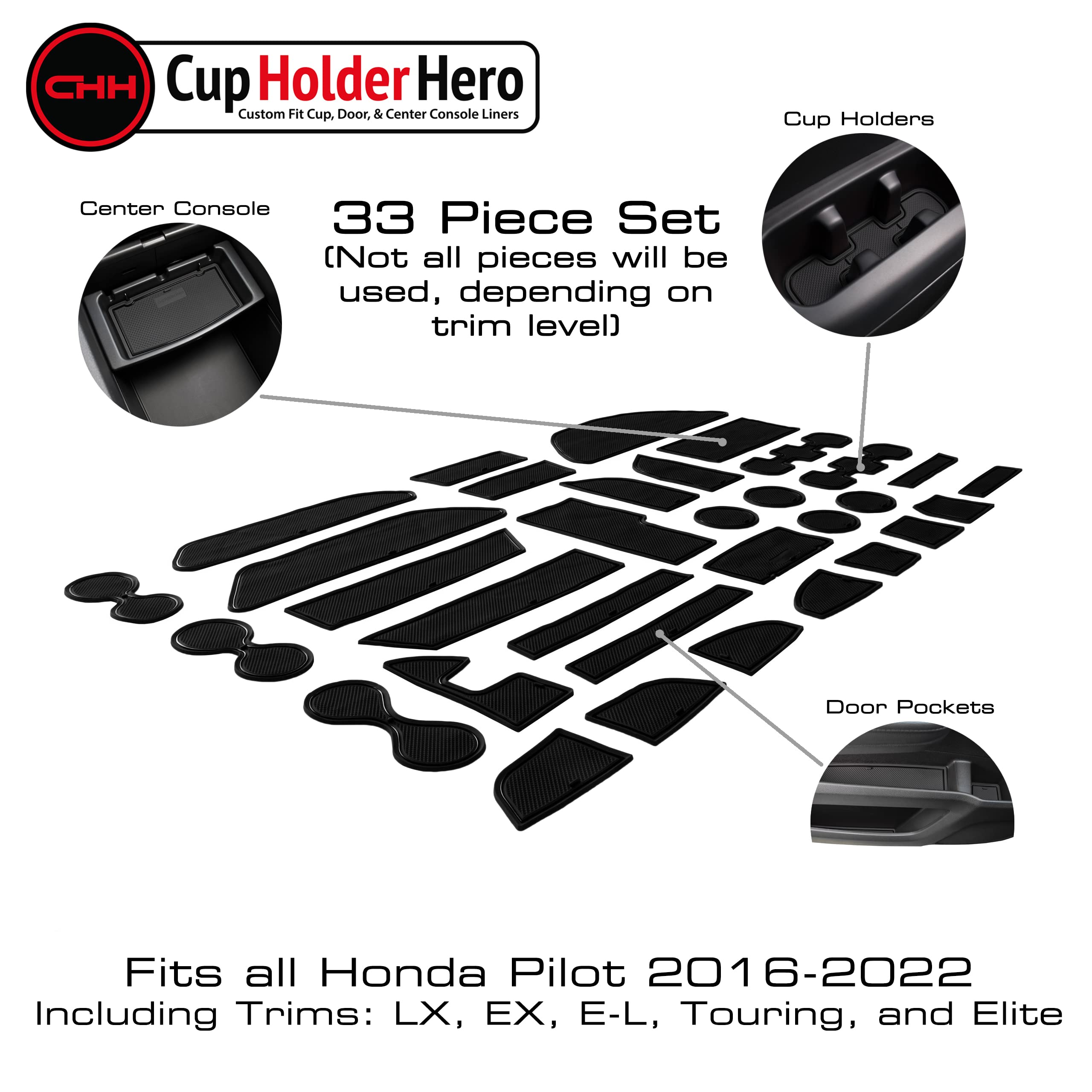 Cupholderhero Fits Honda Pilot 2016-2022 Accessories - Premium Custom Non-Slip Anti-Dust Cup Holder Inserts, Center Console Line