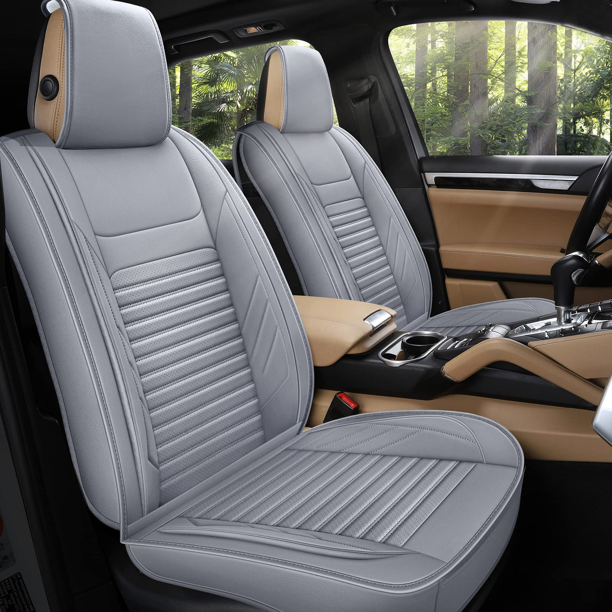 Aoog Leather Car Seat Covers, Leatherette Automotive Seat Covers For Cars Suv Pick-Up Truck, Non-Slip Vehicle Car Seat Covers Universal Fit Set For Auto Interior Accessories, Front Pair, Gray