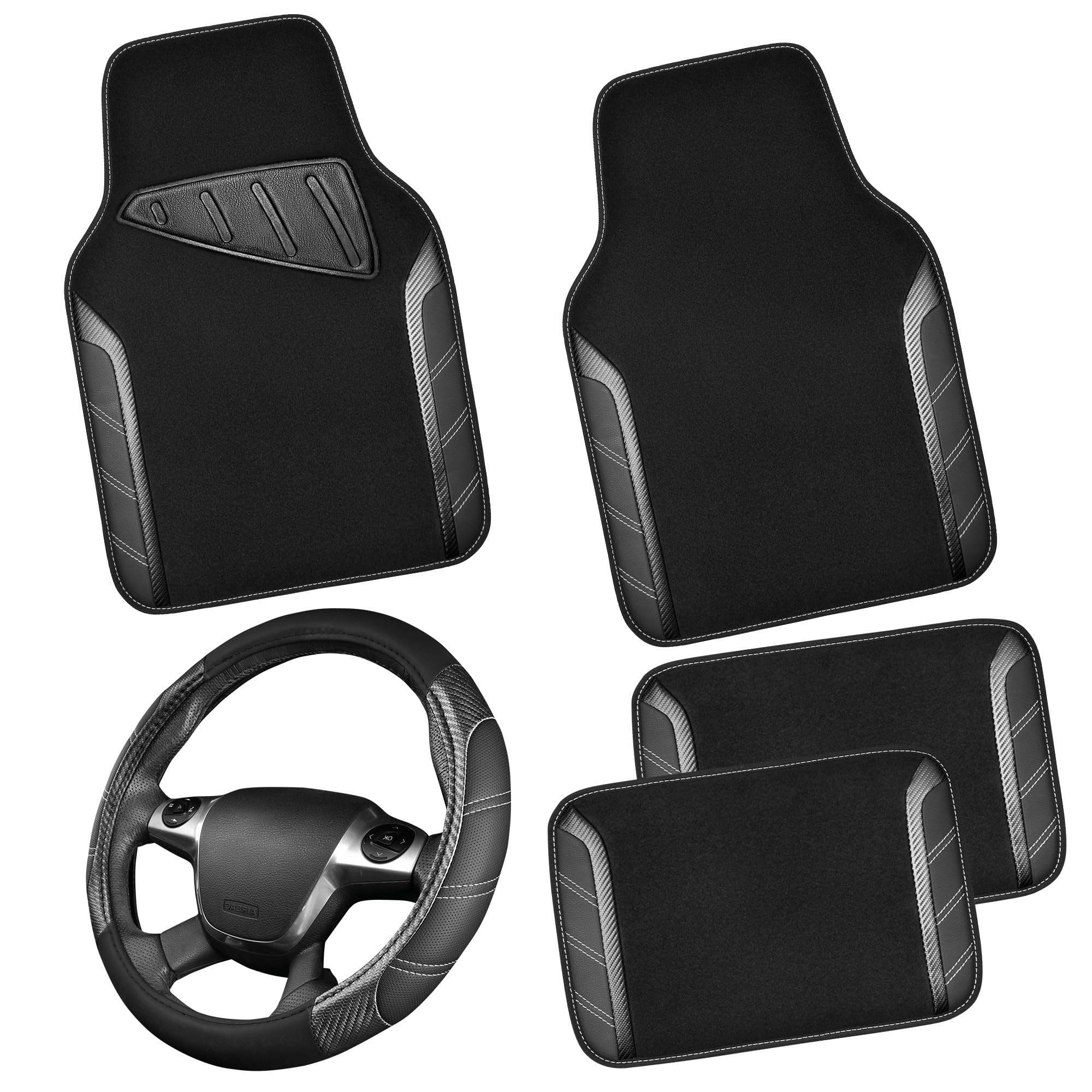 CAR PASS Leather Steering Wheel Cover and Waterproof Car Floor Mats,Microfiber Universal Car Combo Fit for 95% Sedan,SUV,Cars,14