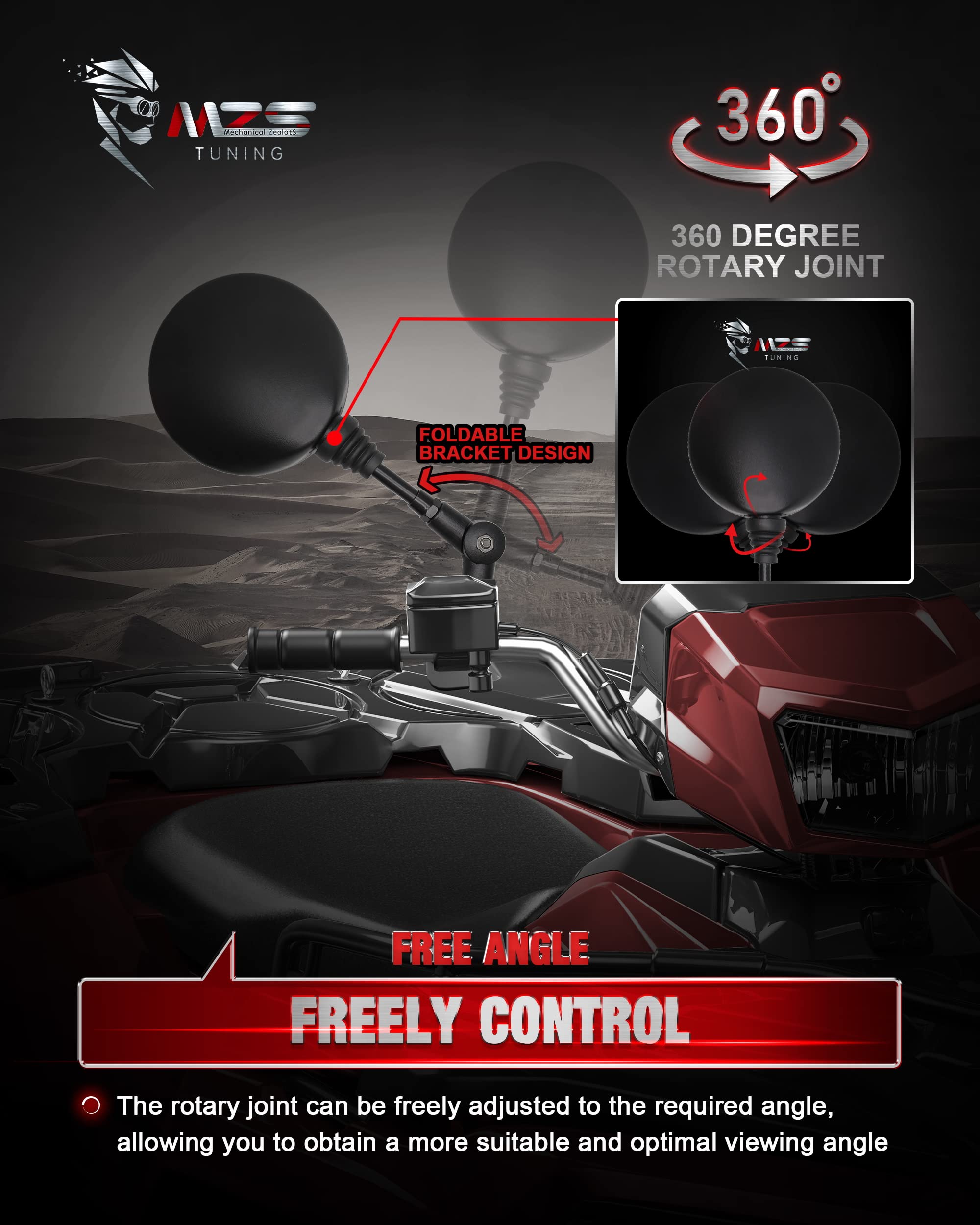 Mzs Motorcycle Mirrors, Foldable Adjustment Rear View Mirror 8Mm 10Mm Universal Handlebar Mount Round Compatible With Motorbike