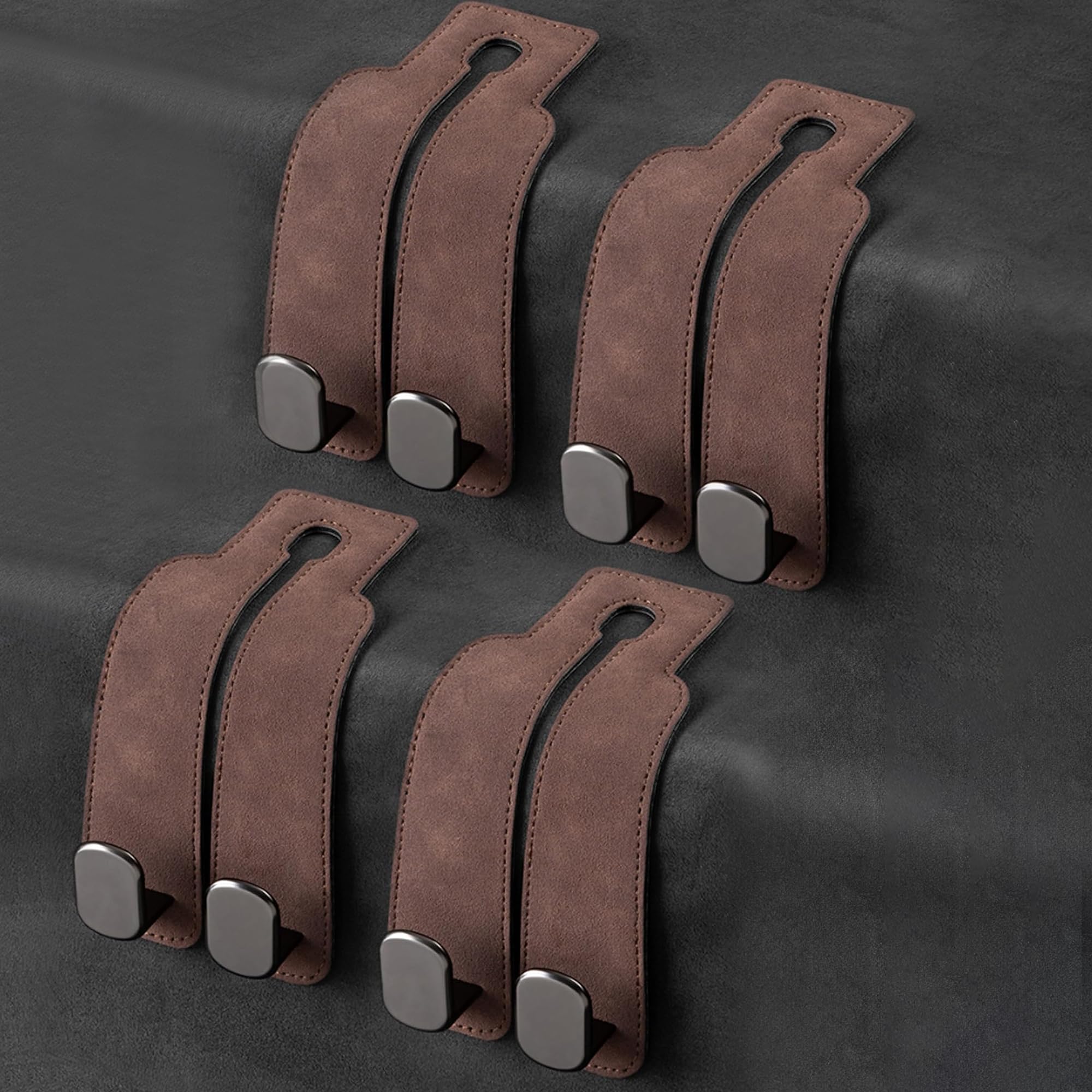 Amelity Headrest Hooks, Car Seat Back Hooks For Car, Car Seat Back Double Hook Leather, Purses Hooks For Car (Brown-4 Pack)
