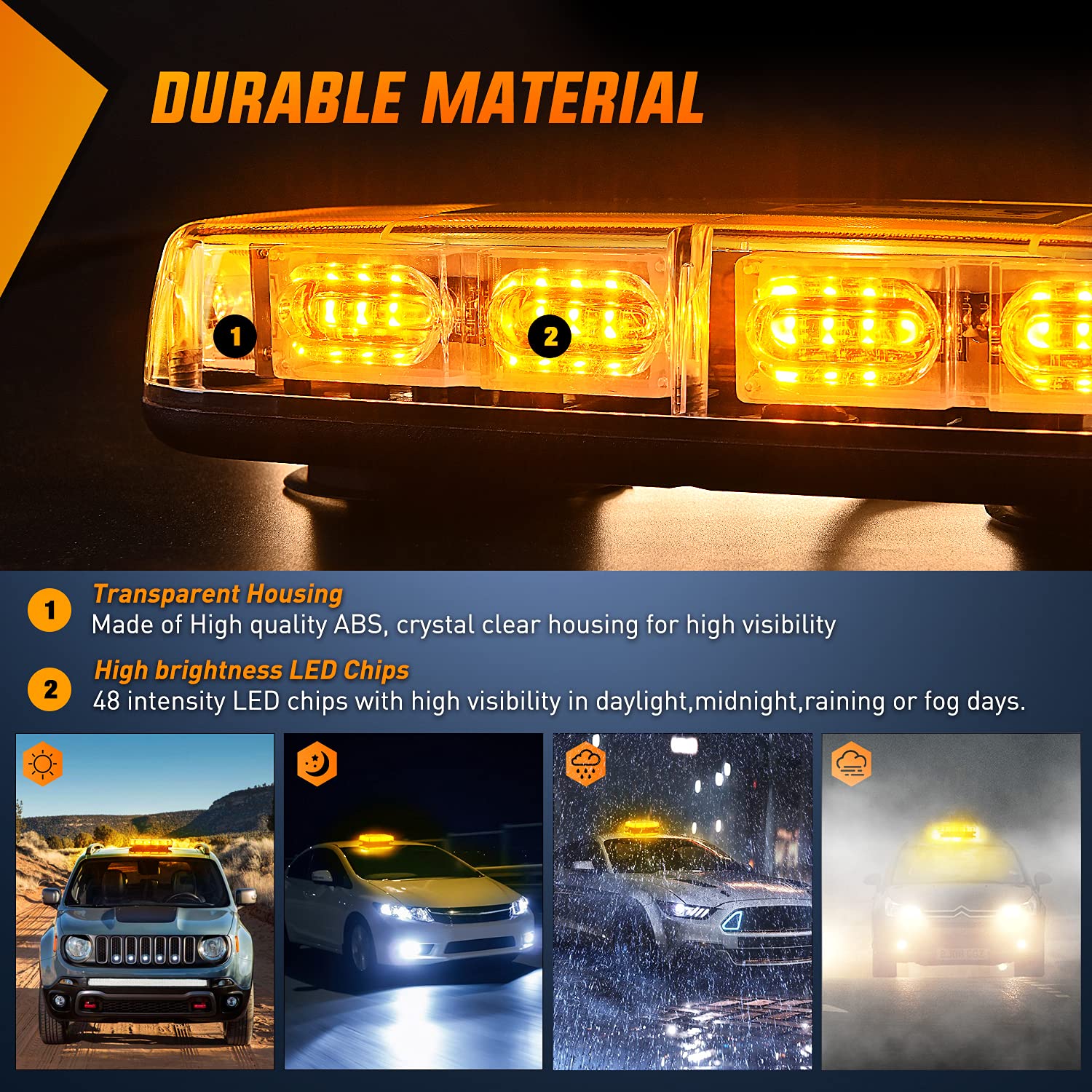 Nilight 48-37A Amber 2PCS 12 Inch Roof Top Strobe Lights - 48LED Emergency Hazard Light for Cars, Trucks, Construction Vehicles