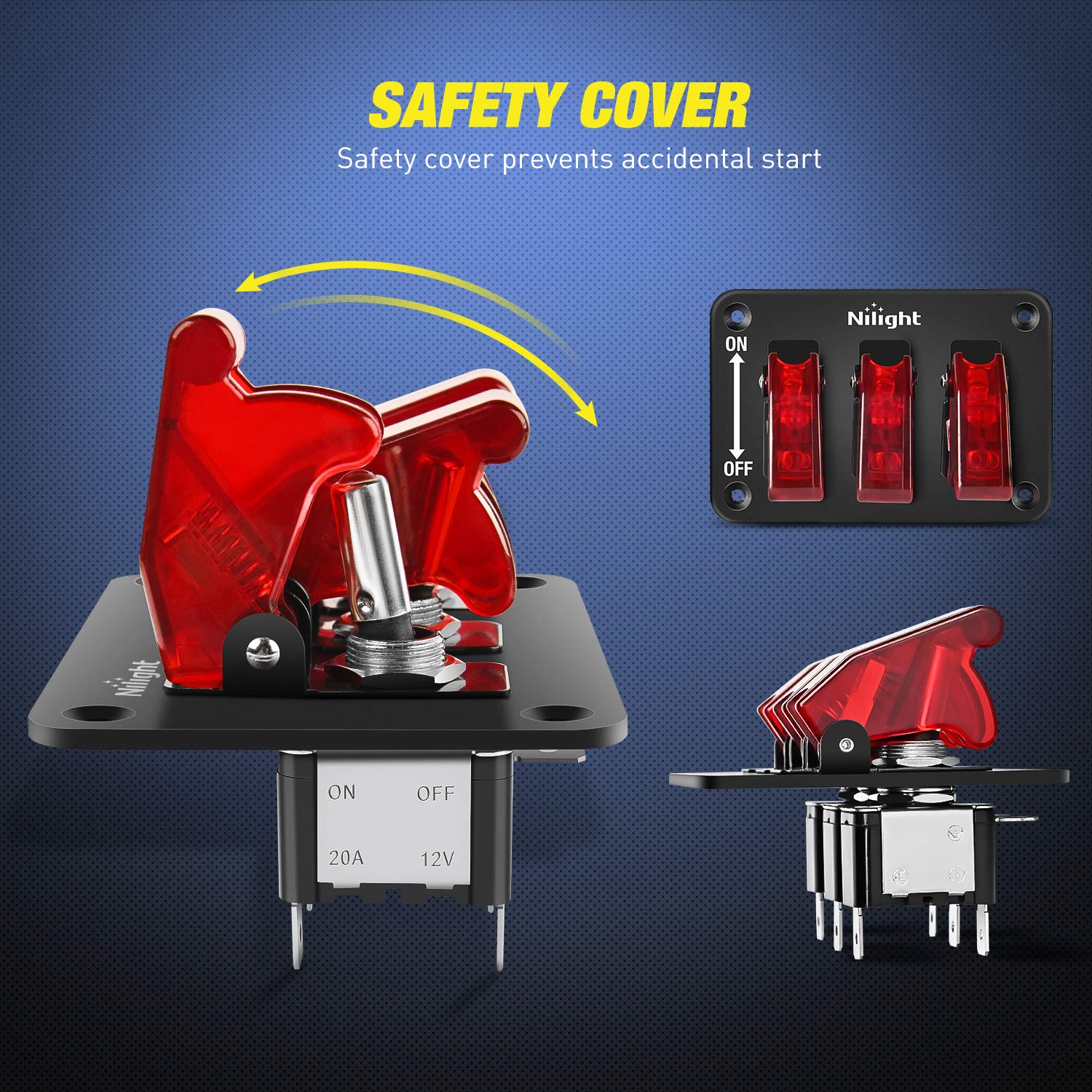 Nilight 3 Gang Toggle Switch 12V Rocker Switch Panel With Led Light And Flip Cover Heavy-Duty On/Off Switch Plate 3 Pin Spst