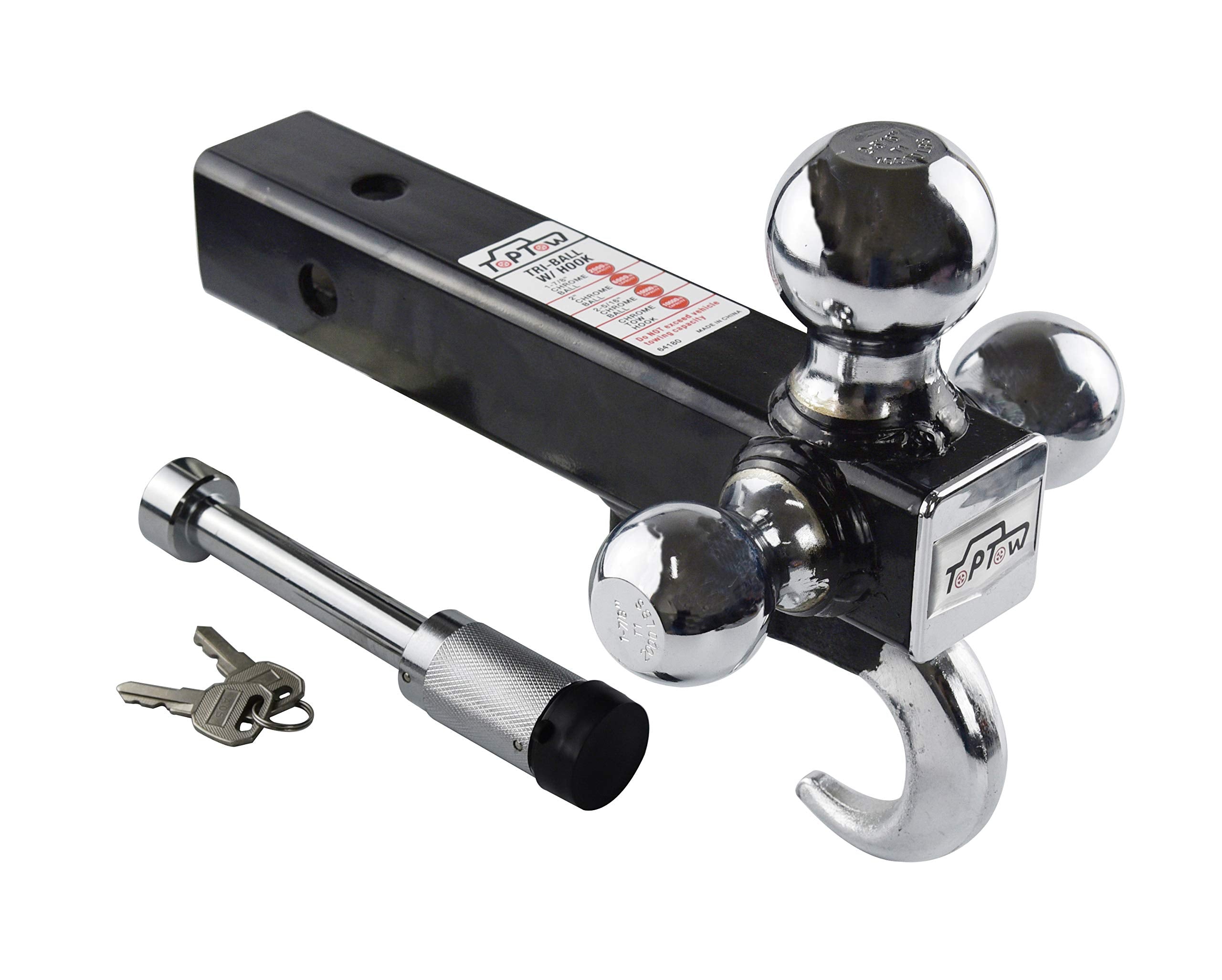 Toptow 64180L Trailer Receiver Hitch Triple Ball Mount With Hook, Fits For 2 Inch Receiver, Chrome Balls, 2 Inch Shank, With 5/8 Inch Lock