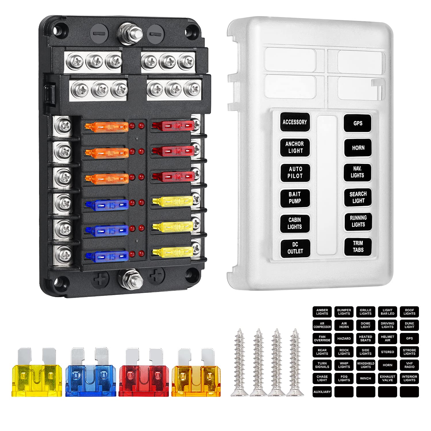 Deyooxi 12 Way 12V Blade Fuse Block,12 Circuit ATC/ATO Fuse Box Holder with LED Indicator Waterpoof Cover for 12V/24V Automotive