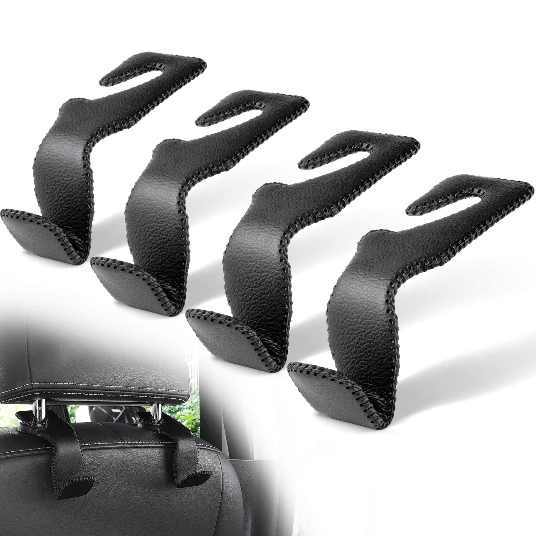 Livtee Headrest Hook For Car, Back Seat Organizer Black Leather Hanger Holder Hook, Interior Car Accessories For Hanging Purses 