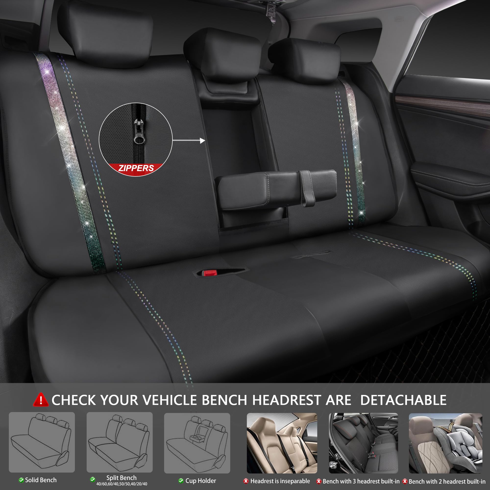 Car Pass Bling Car Seat Covers Full Set, Shining Rhinestone Diamond Waterproof Faux Leather, Rear With Zipper, Universal Fit Aut