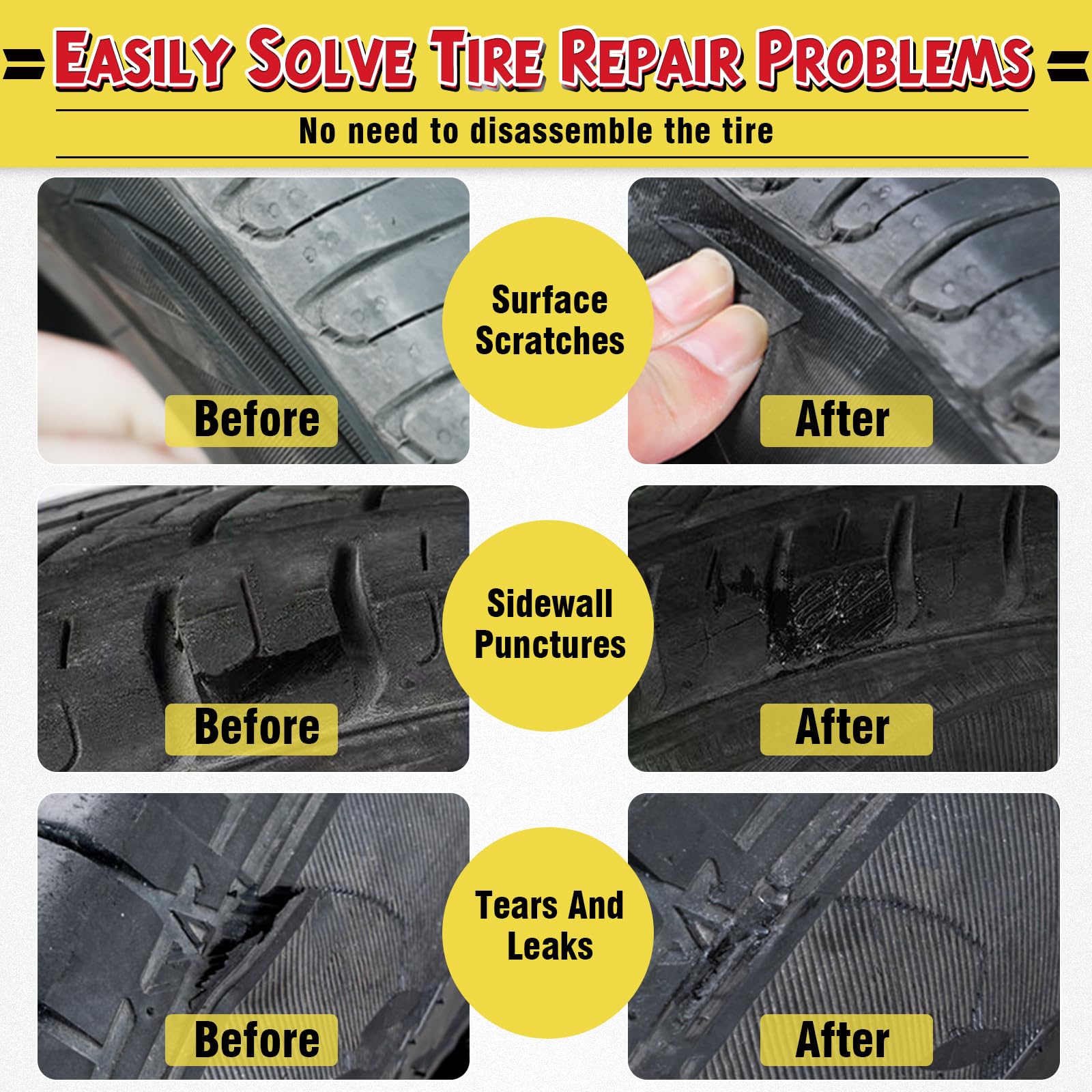 Bellisinno Black Tire Repair Glue Kit, Rubber Cement for Sidewall Fixes, Includes Two Sizes of Repair Nails, Suitable for Motorc