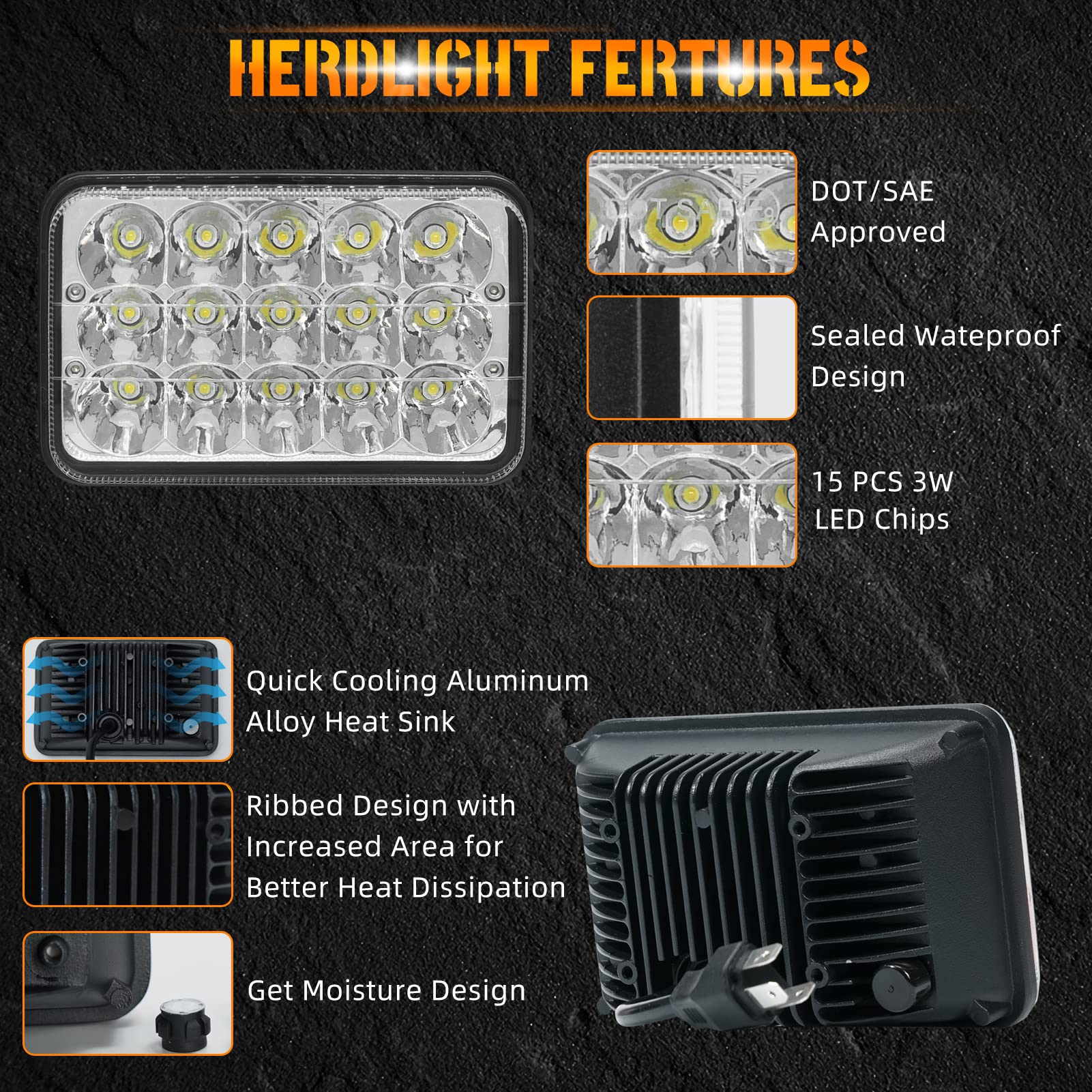 4X6 Inch Led Lights 4Pcs Hi/Lo Sealed Beam Rectangular Led Lights H4651 H4652 H4656 Light For Kw Peterbil Freightinger Oldsmobil
