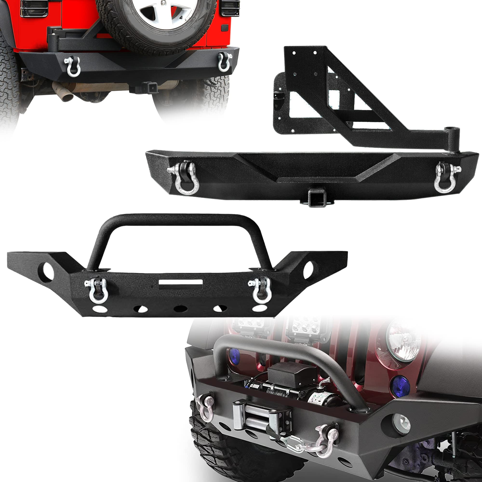 Ledkingdomus Full Width Front& Rear Bumper With Tire Carrier Compatible With 07-18 Jeep Wrangler Jk And Jk Unlimited Rock Crawle